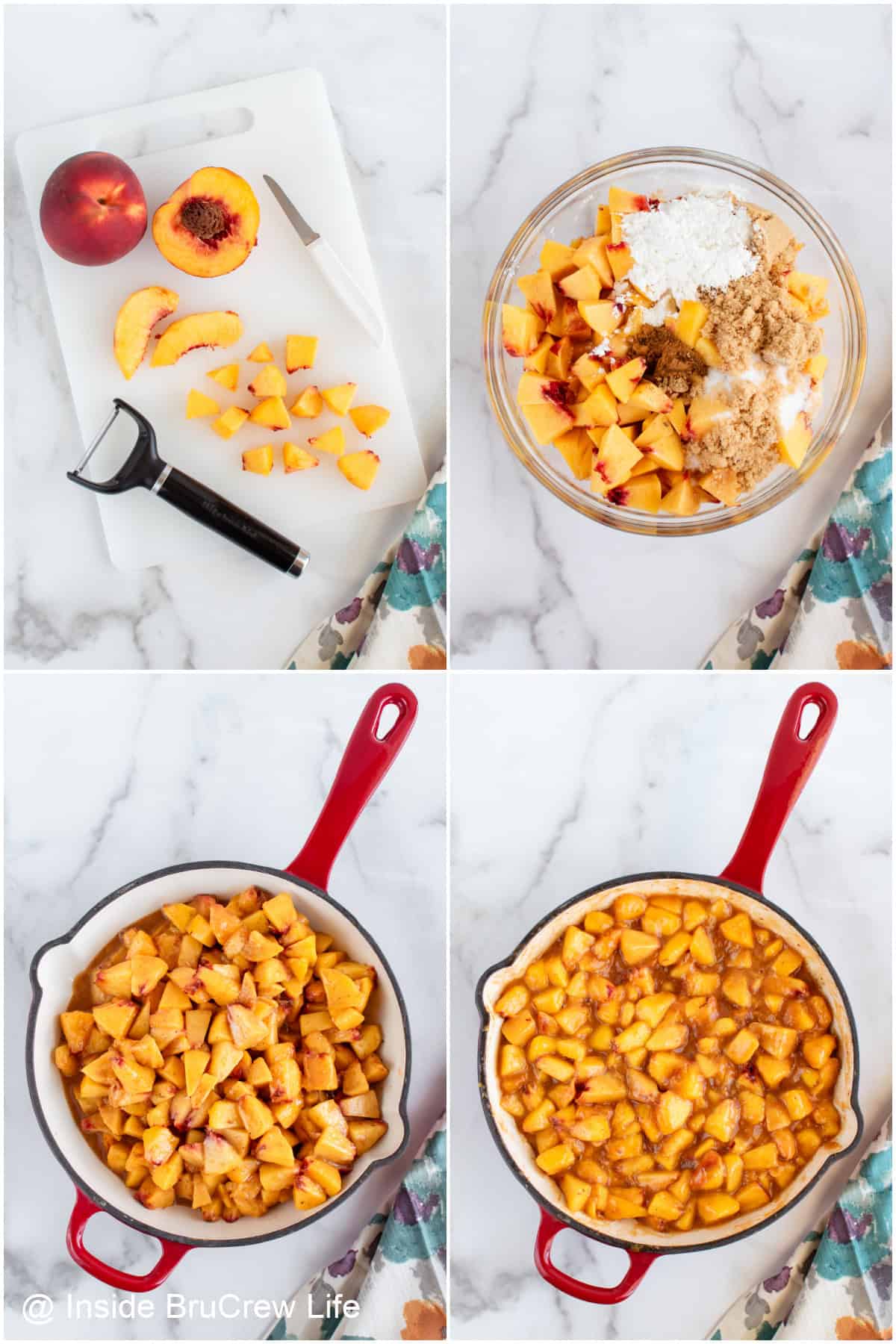 Four pictures collaged together showing the steps to making homemade peach pie filling.