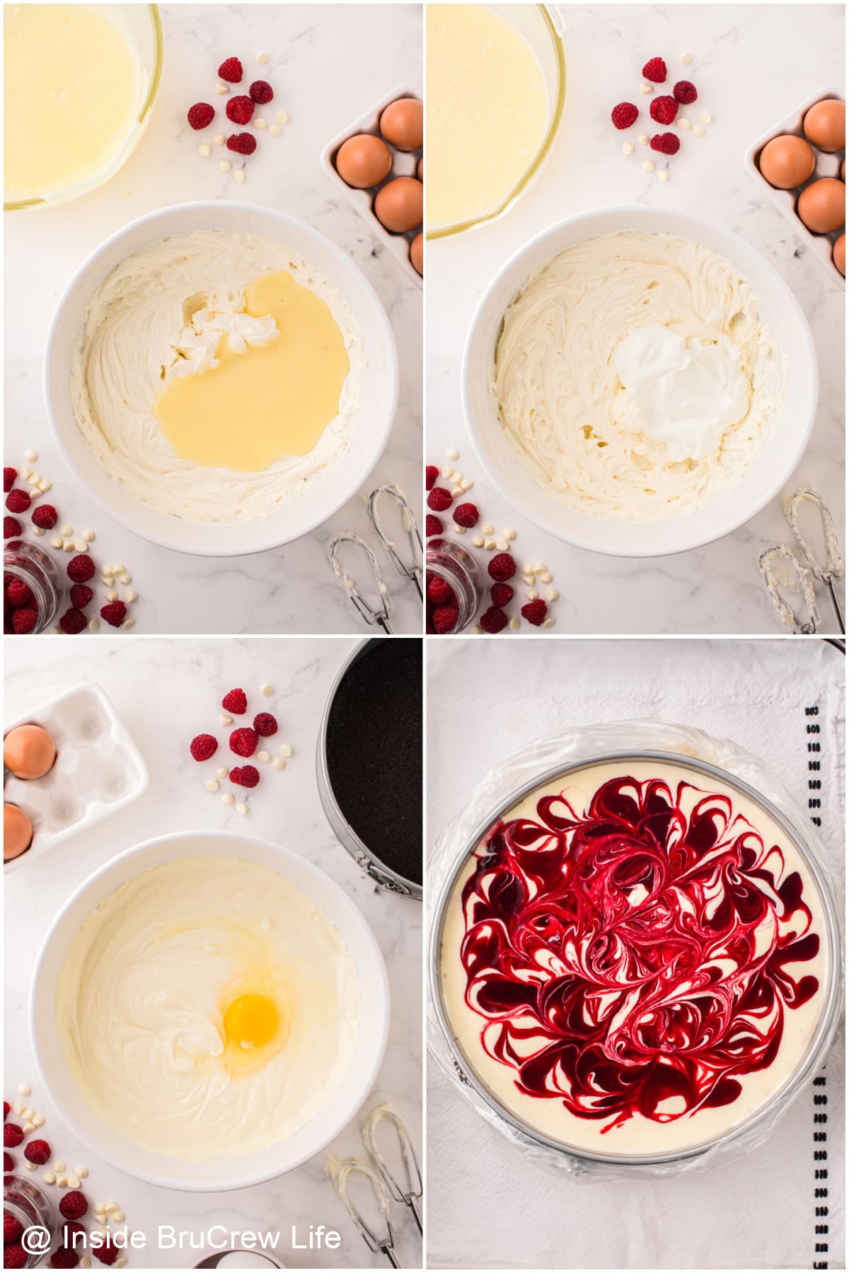 Step-by-step collage showing the steps to make a white chocolate raspberry cheesecake.
