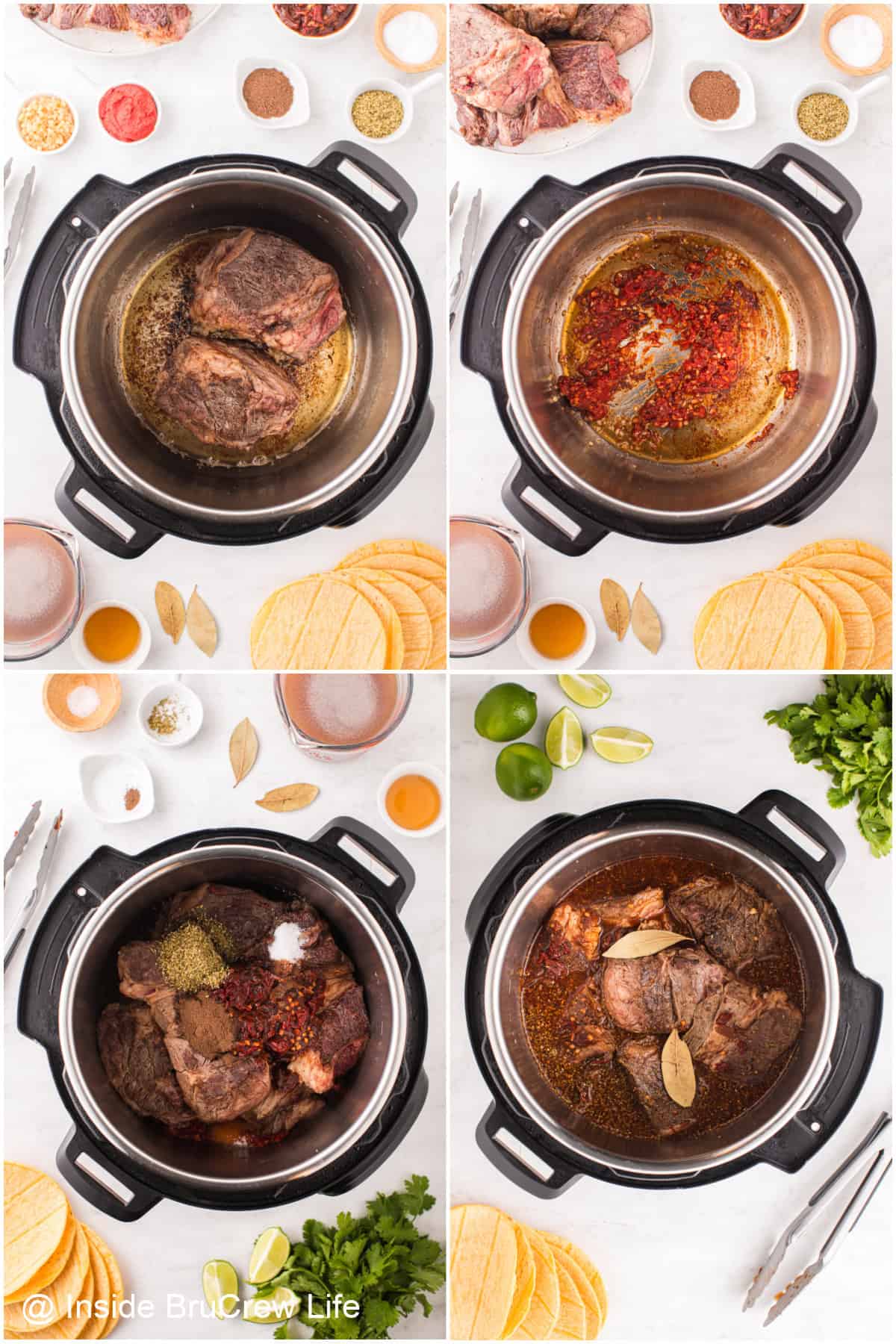 Step by step photos showing how to cook beef barbacoa in the Instant Pot.