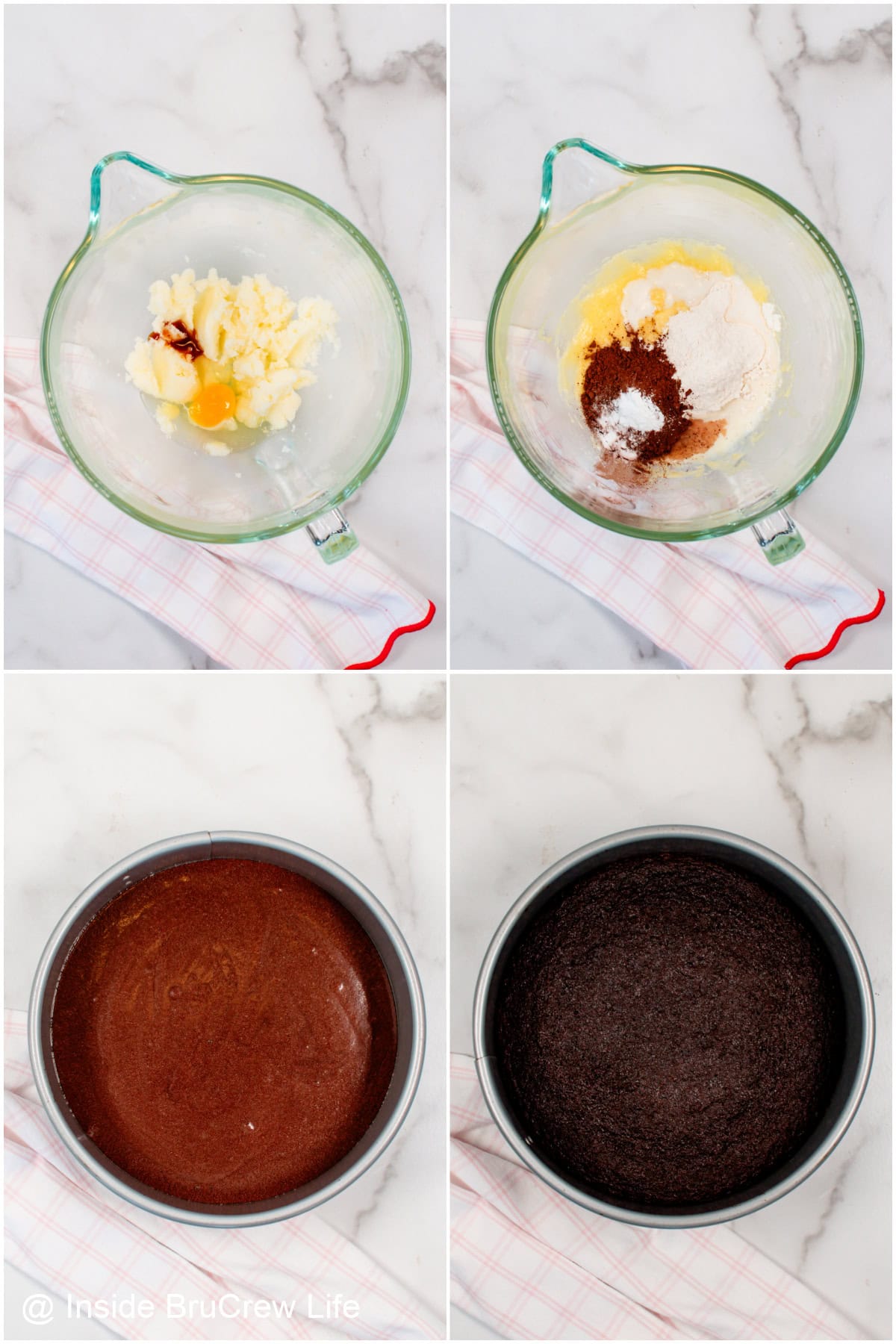 Step by step photos showing how to prepare the chocolate cake layer.