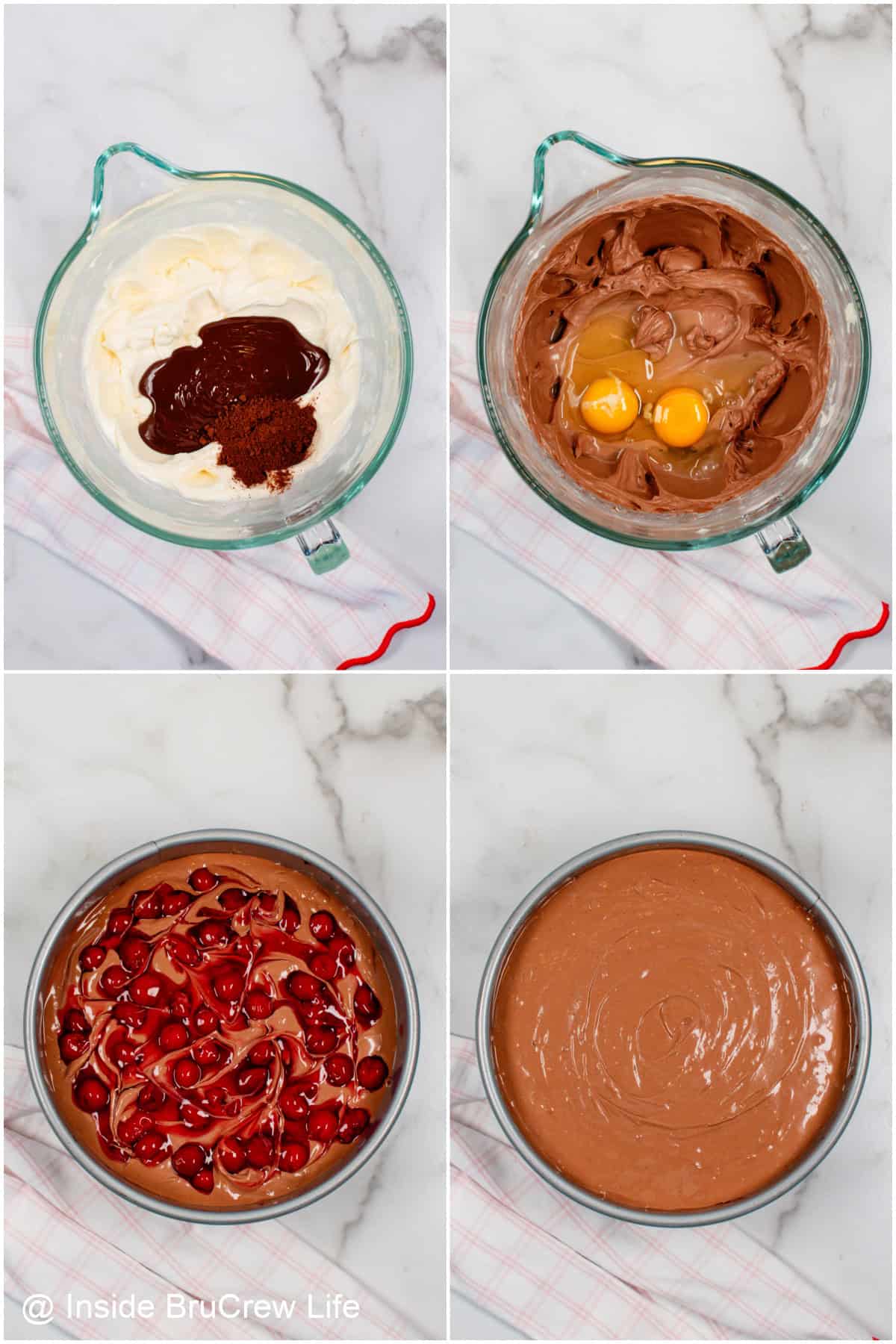 Step by step photos showing how to prepare the chocolate cheesecake layer.