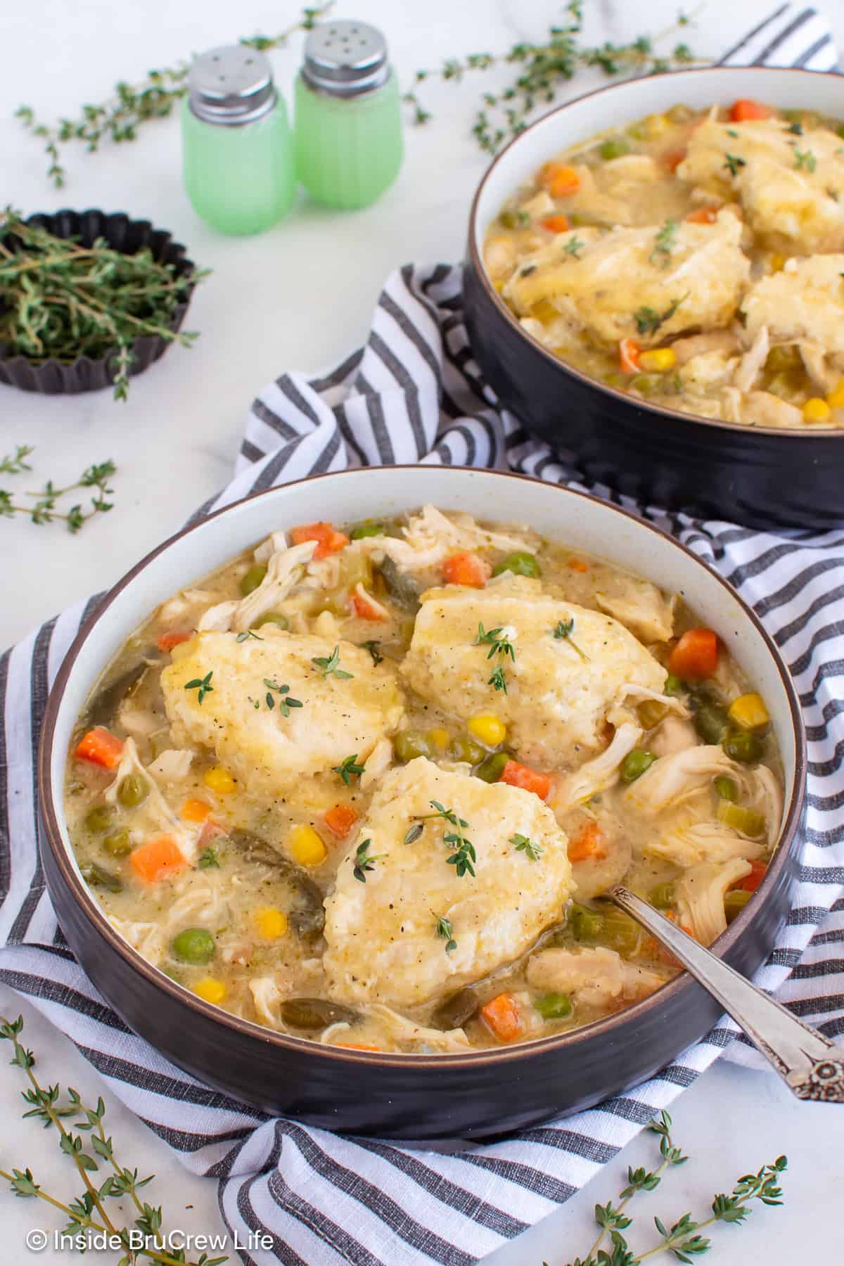 Two bowls filled with chicken and dumplings.