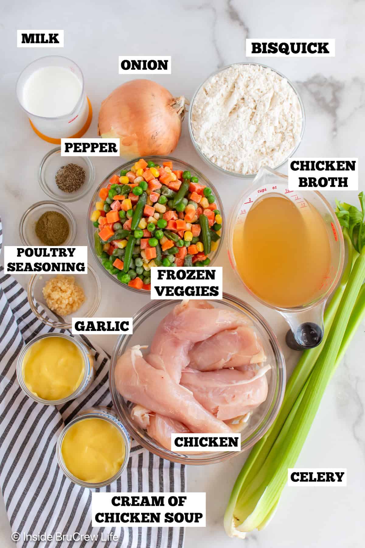Crockpot chicken and dumplings ingredients with text labels.