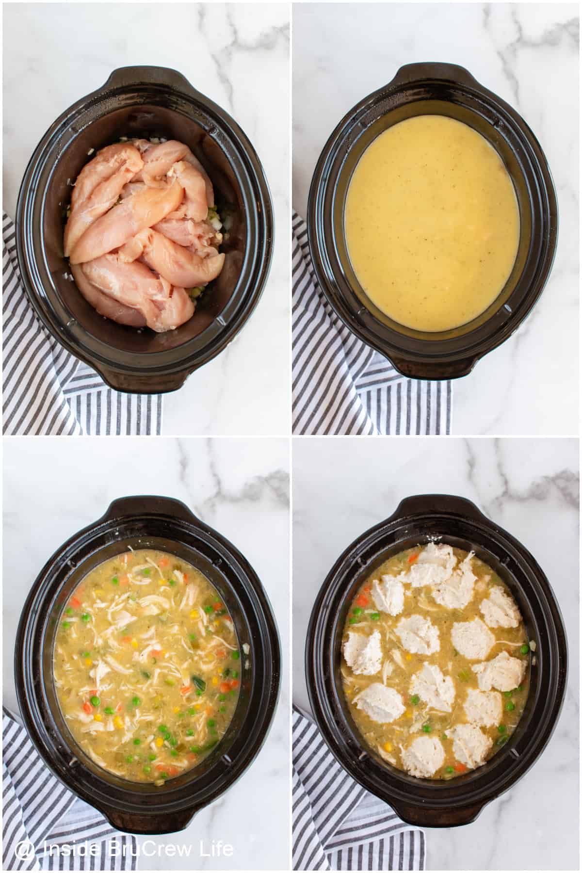 Step by step photos showing how to make chicken and dumplings with Bisquick in a crockpot.