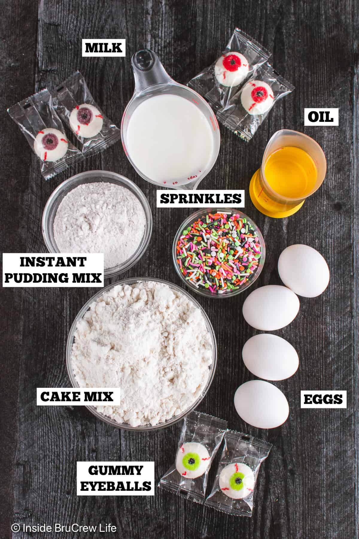 Eyeball cupcakes ingredients with text labels.