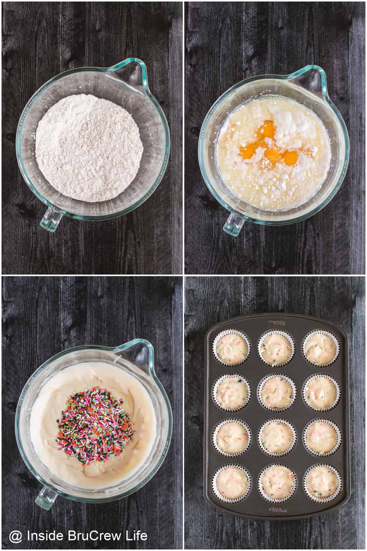 Step by step photos showing how to add sprinkles to cake batter for eyeball cupcakes.