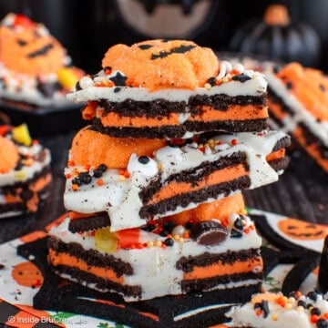 A stack of Oreo filled Halloween bark.