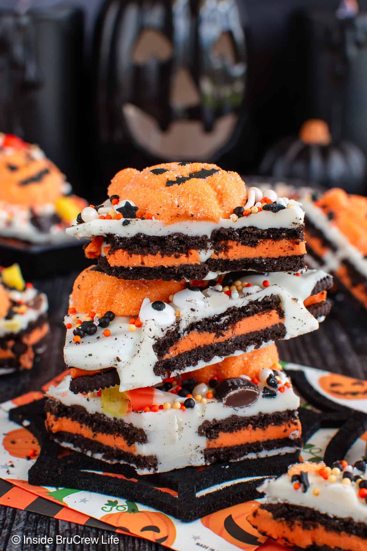 A stack of Oreo filled Halloween bark.