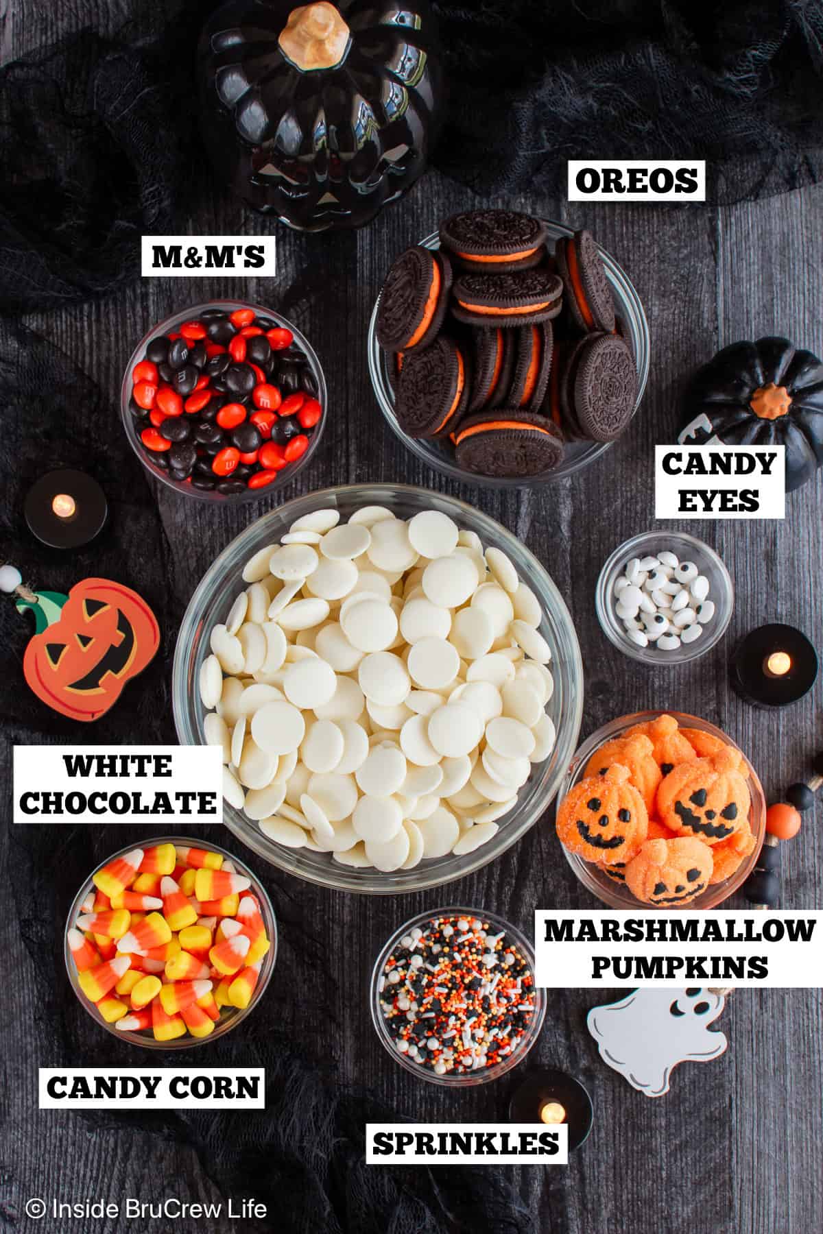 Halloween chocolate bark ingredients with labels.