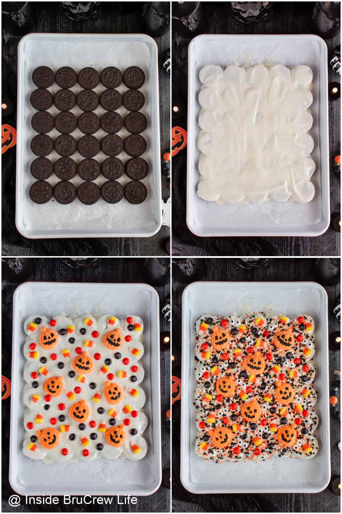 Step by step photos showing how to make Halloween bark.