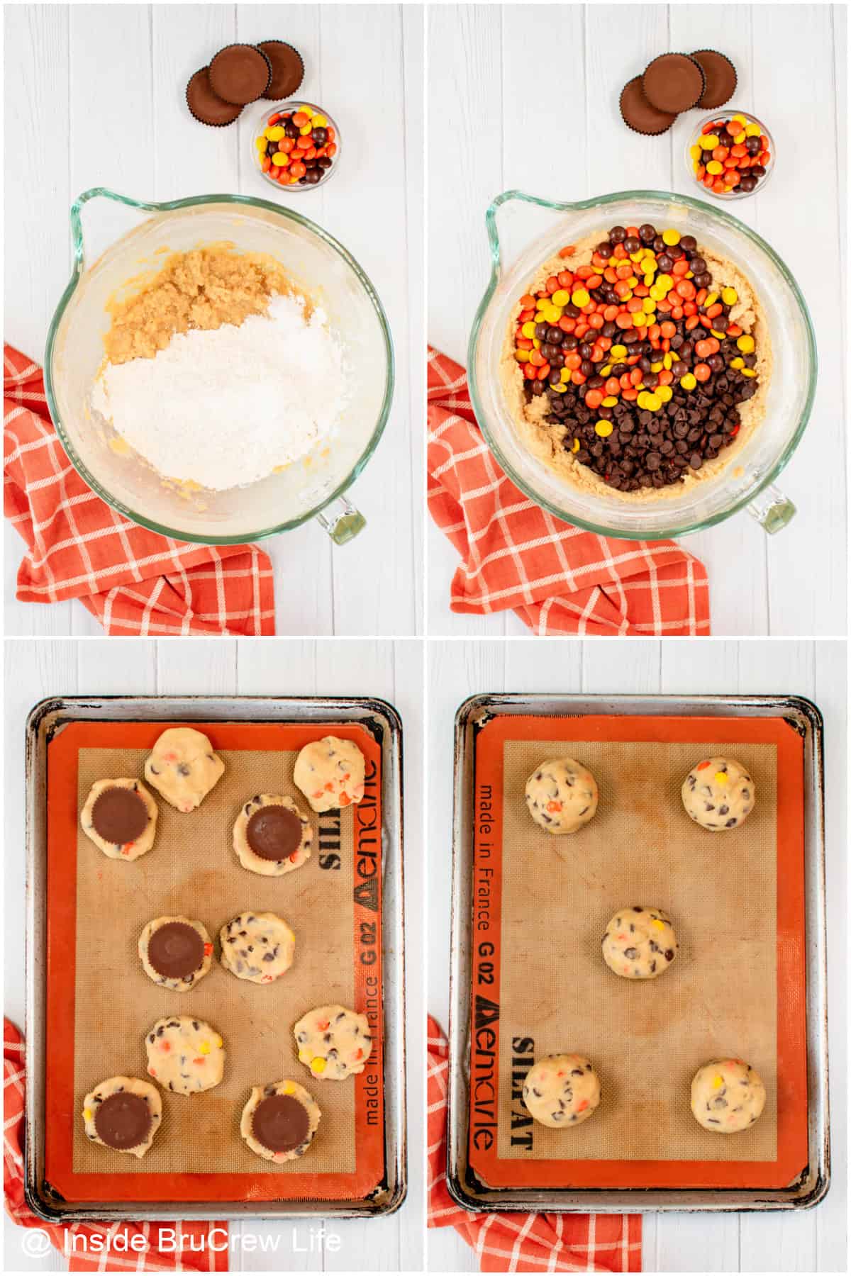 Step-by-step photos showing how to mix the Reese's chocolate chip cookie dough, fill the dough with Reese's Peanut Butter Cups, and bake.