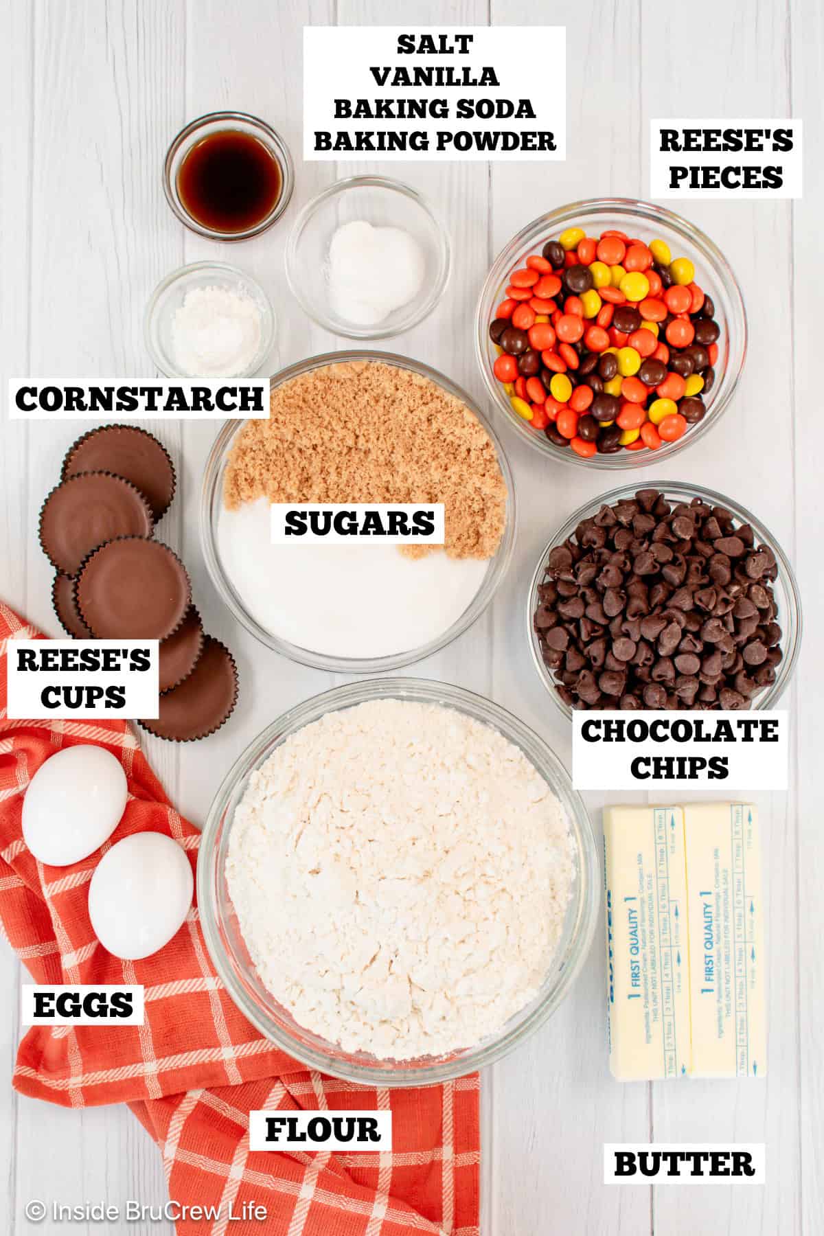Reese's chocolate chip cookies ingredients with text labels overlaying each ingredient.