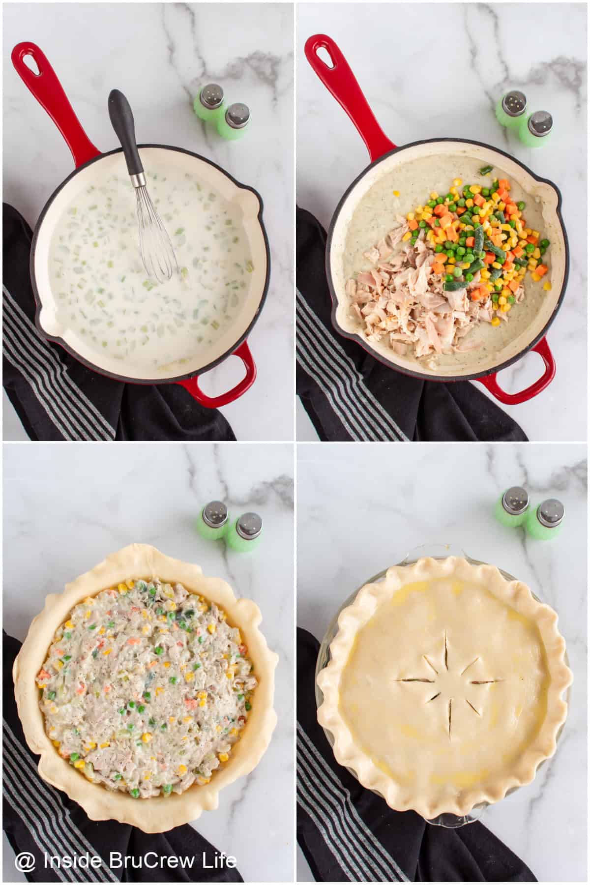 Step by step photos showing how to make and assemble a chicken pot pie.