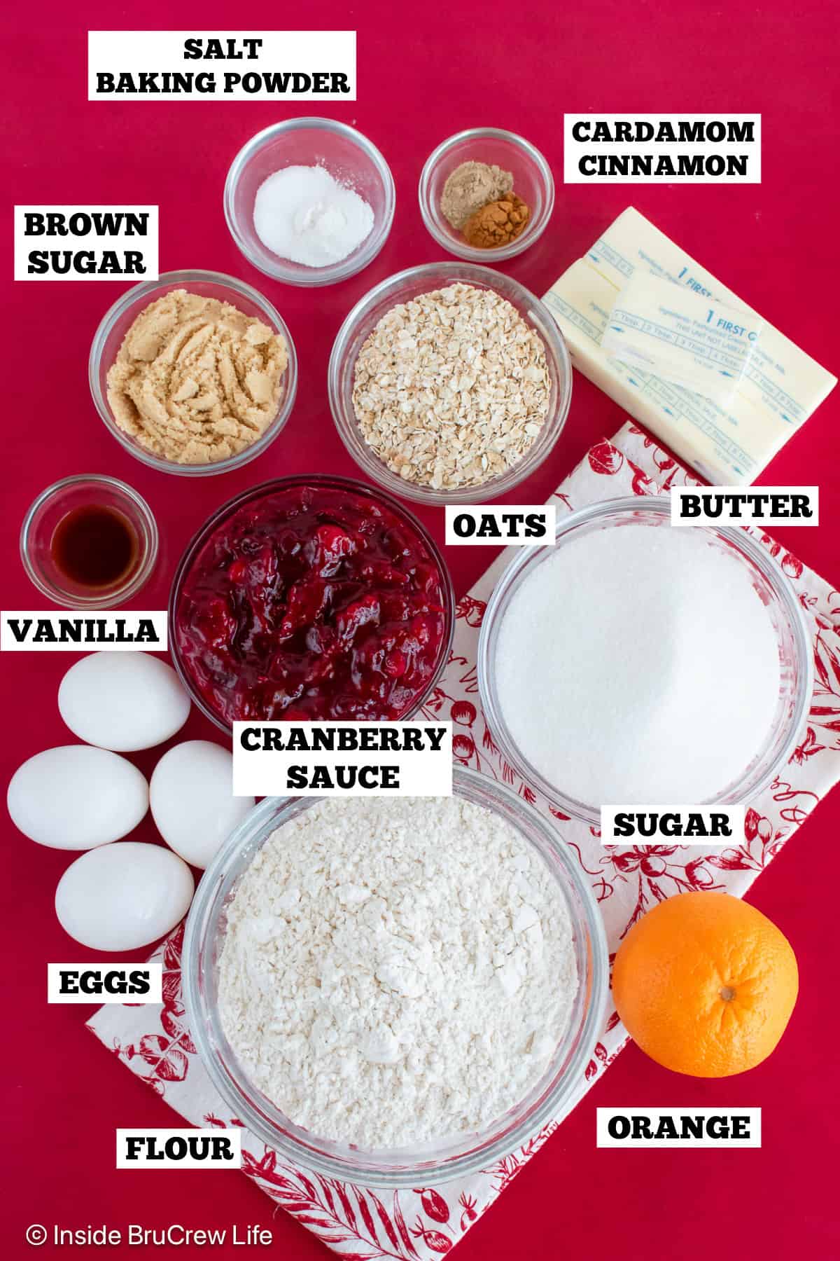 Cranberry coffee cake ingredients with text overlays by each one.