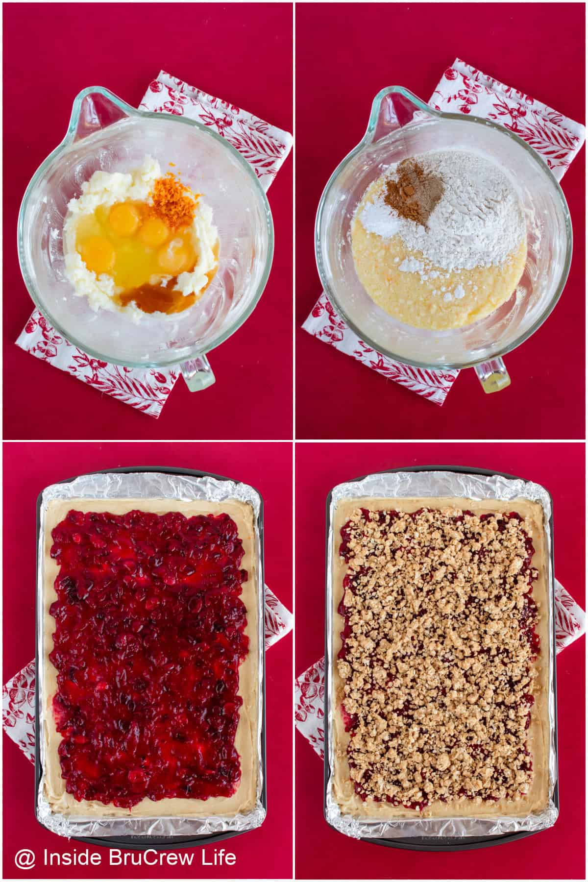 Step by step photos showing how to make cranberry coffee cake with a streusel topping.