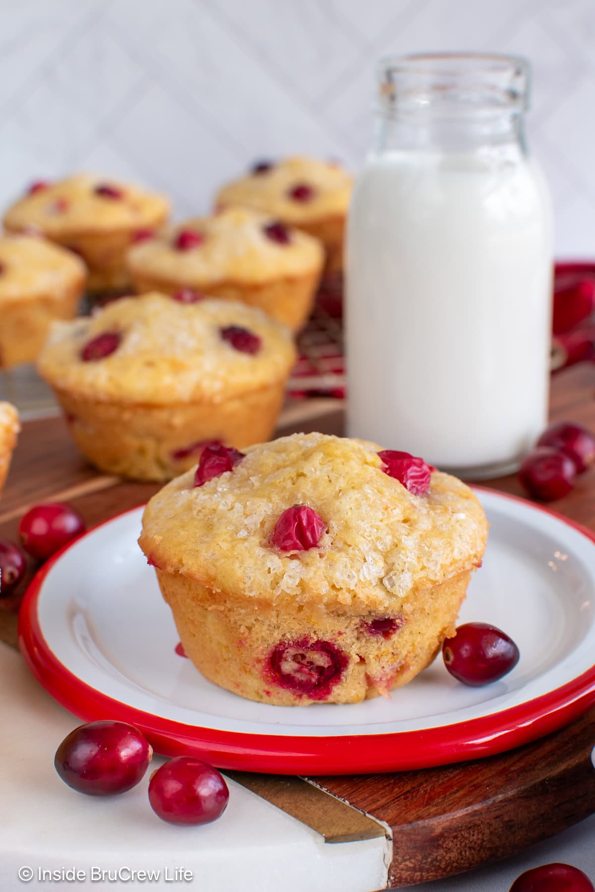 Orange muffins with cranberries on a plate and wire rack.
