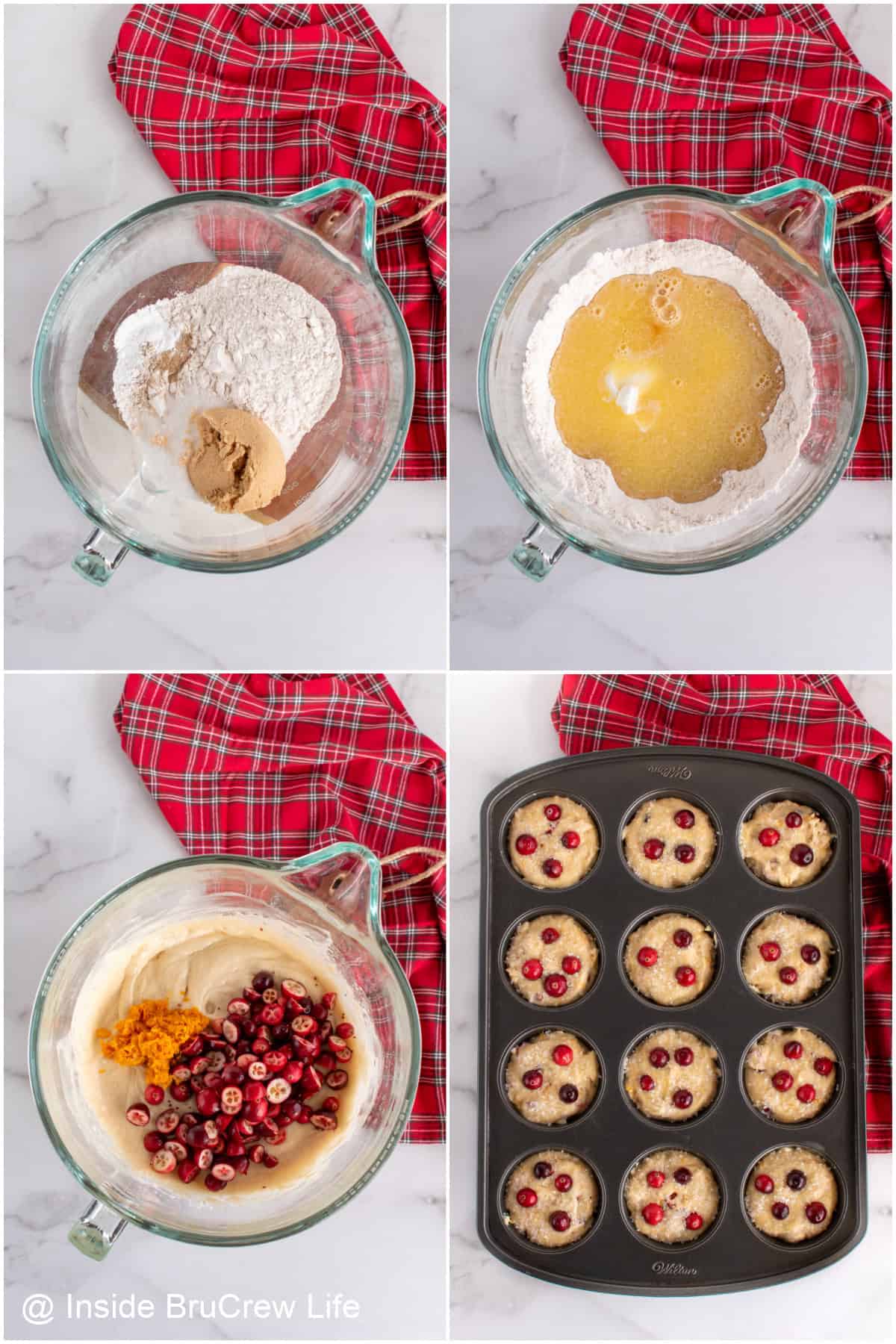 Step by step photos showing how to make the batter for cranberry orange muffins.