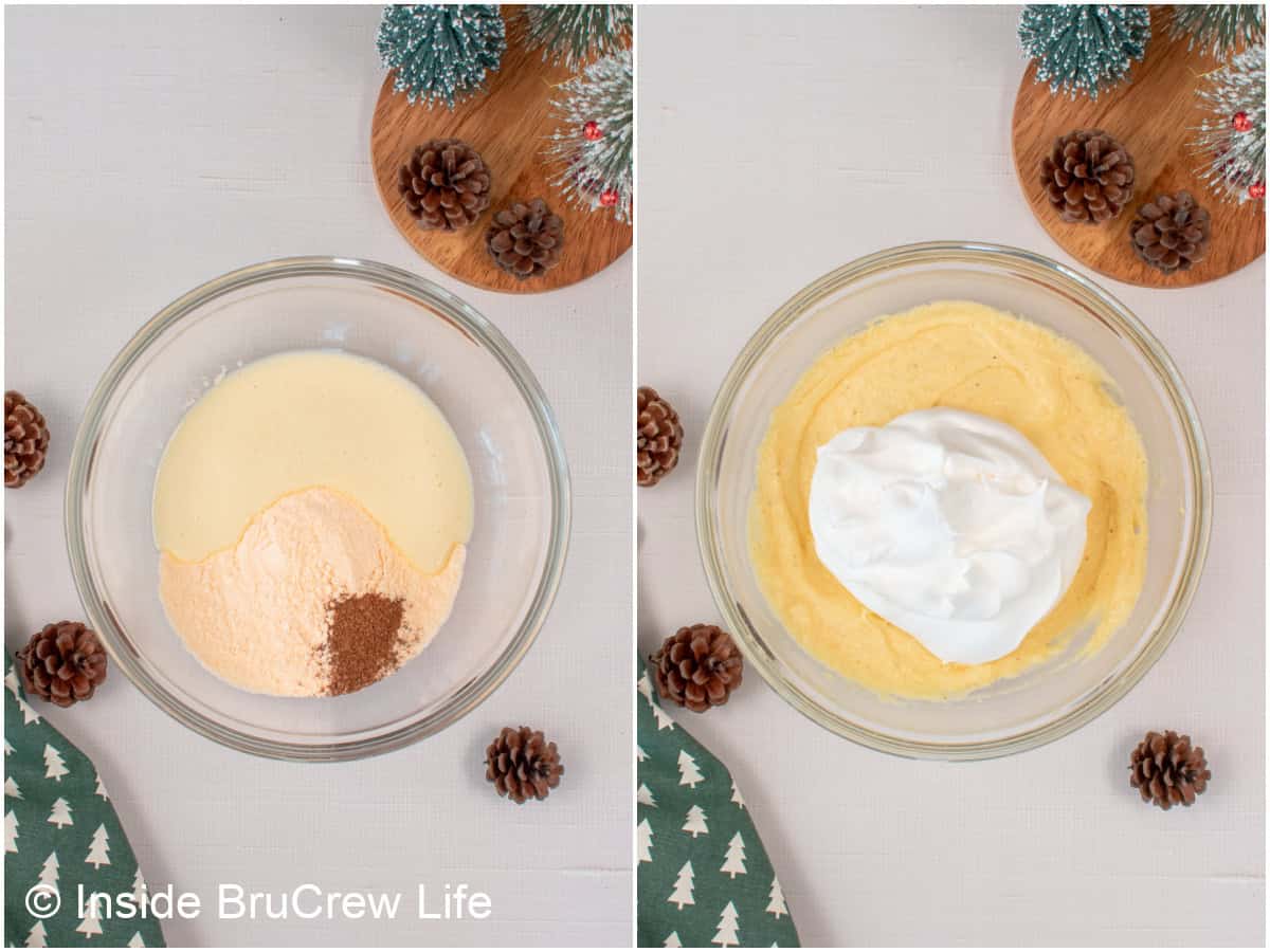 Light and fluffy eggnog dip is the easiest Christmas dessert made with instant pudding, eggnog, and whipped cream. It's ready in 10 minutes! Side by side photos showing how to prepare homemade eggnog dip.