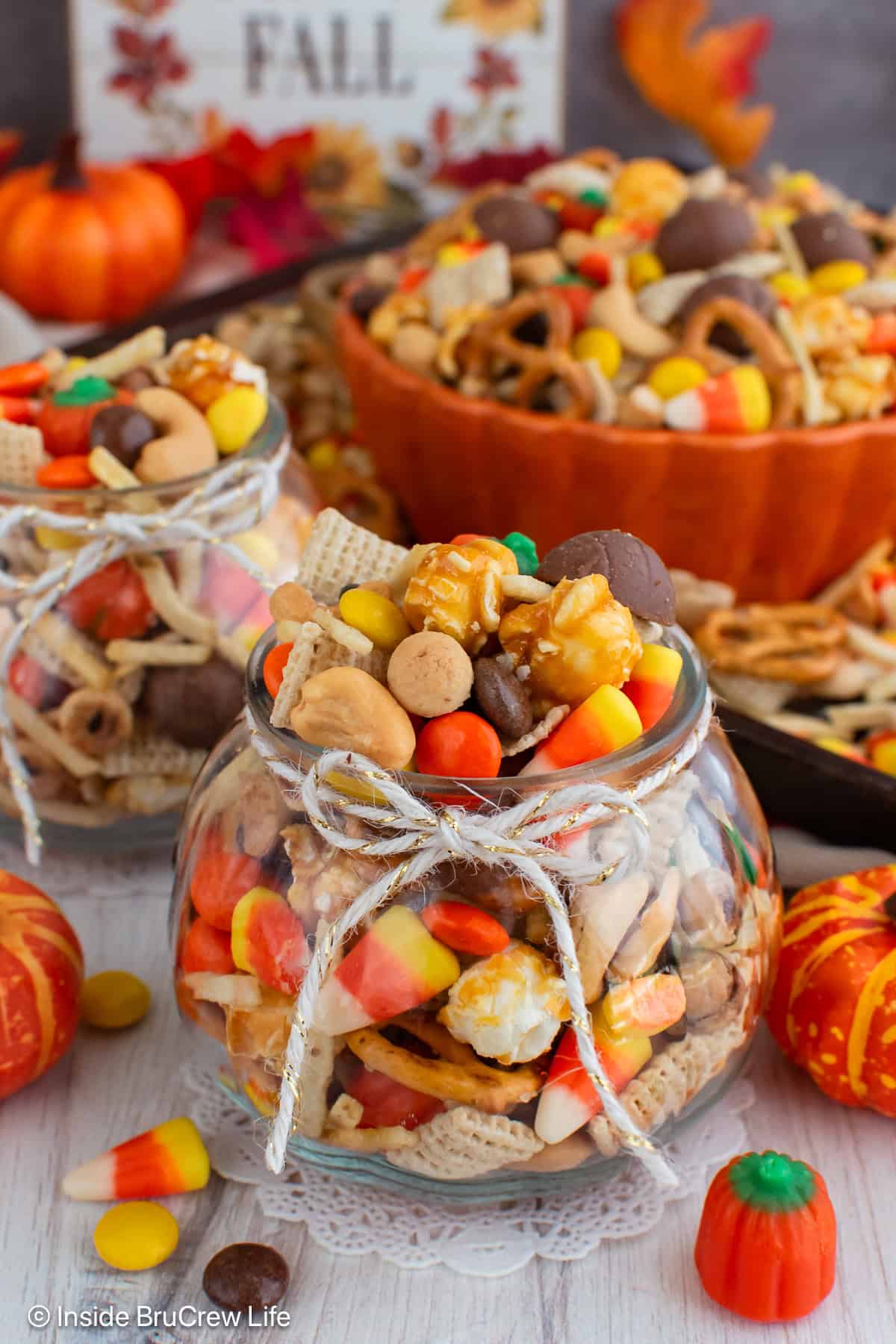A pumpkin jar filled with a sweet and salty mix for fall.