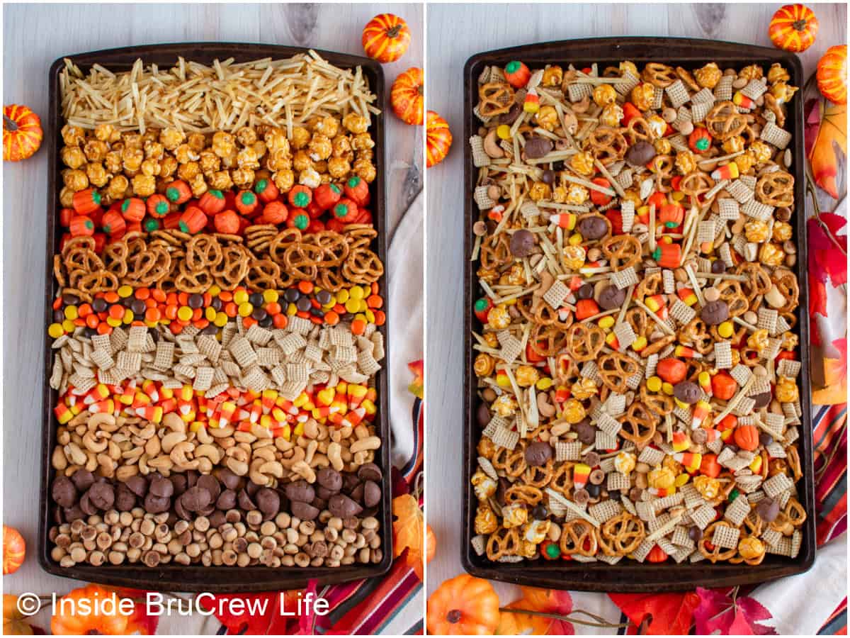 Step by step photos showing how to make a fall snack mix.