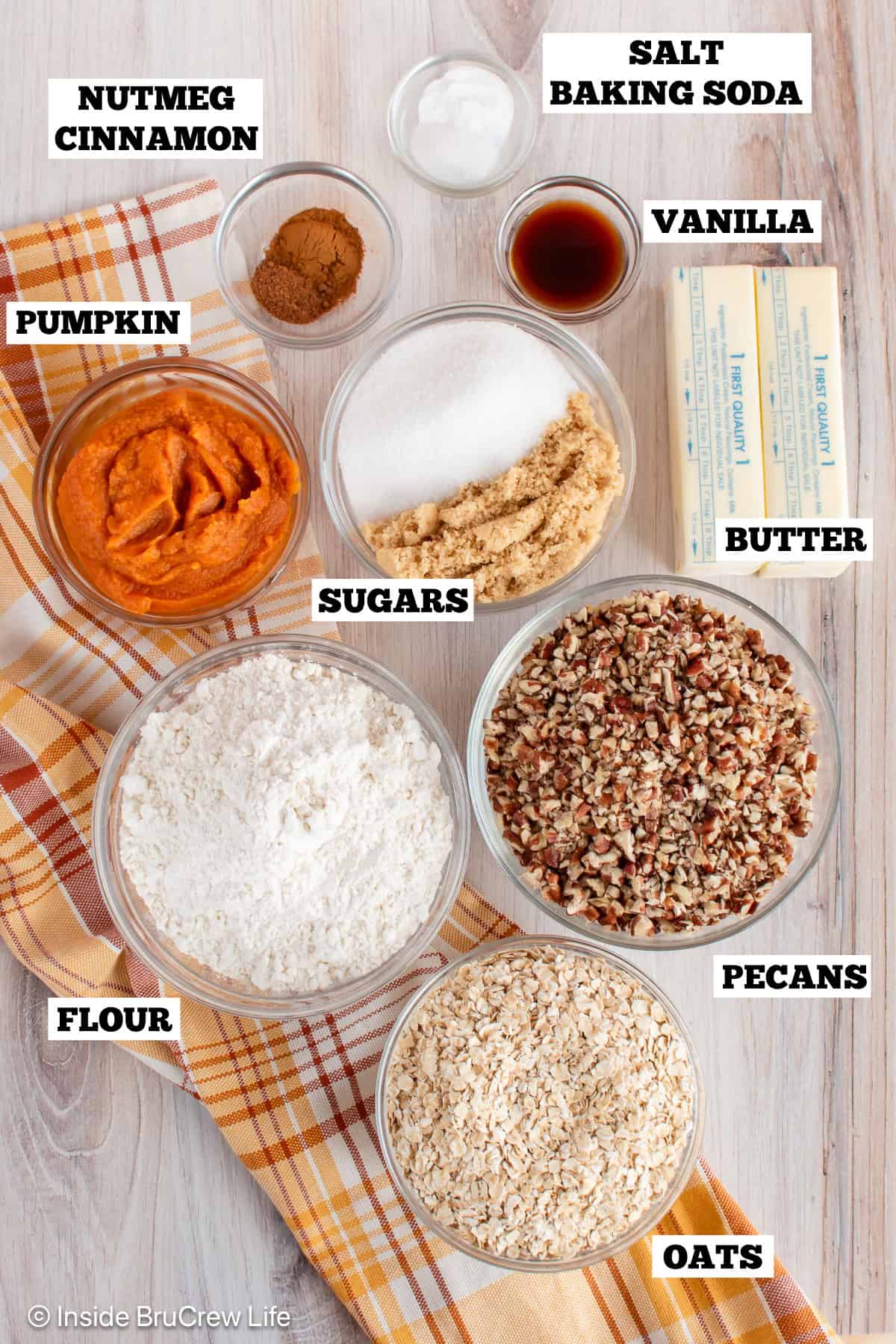 Pumpkin pecan cookies ingredients with text labels by each one.