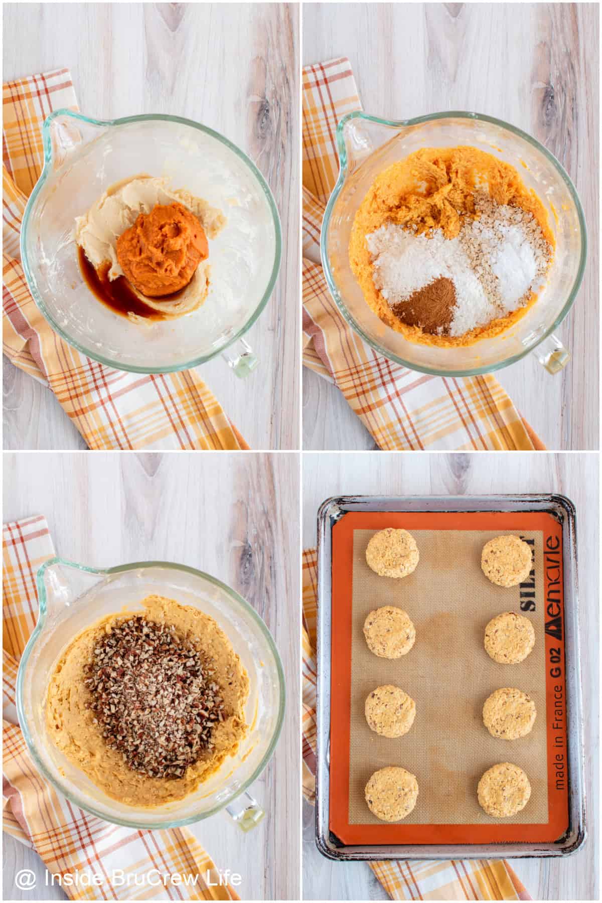 Step by step photos showing how to make pumpkin cookies with pecans.