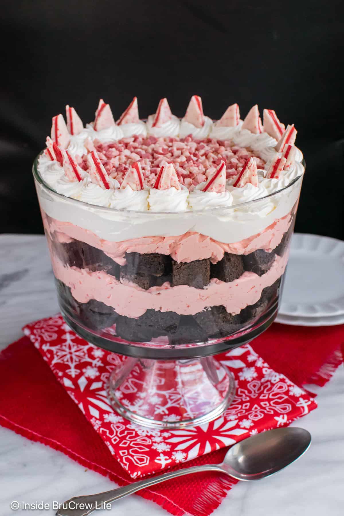 A large glass bowl filled with a layered brownie peppermint trifle.