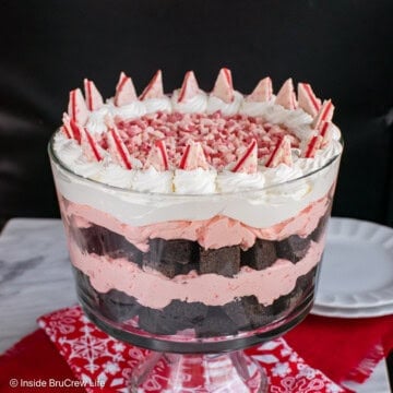 A large glass bowl filled with a layered brownie peppermint trifle.