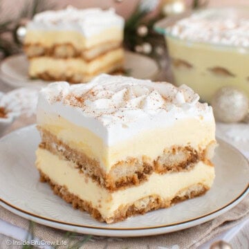 A slice of a layered holiday tiramisu on a white plate.