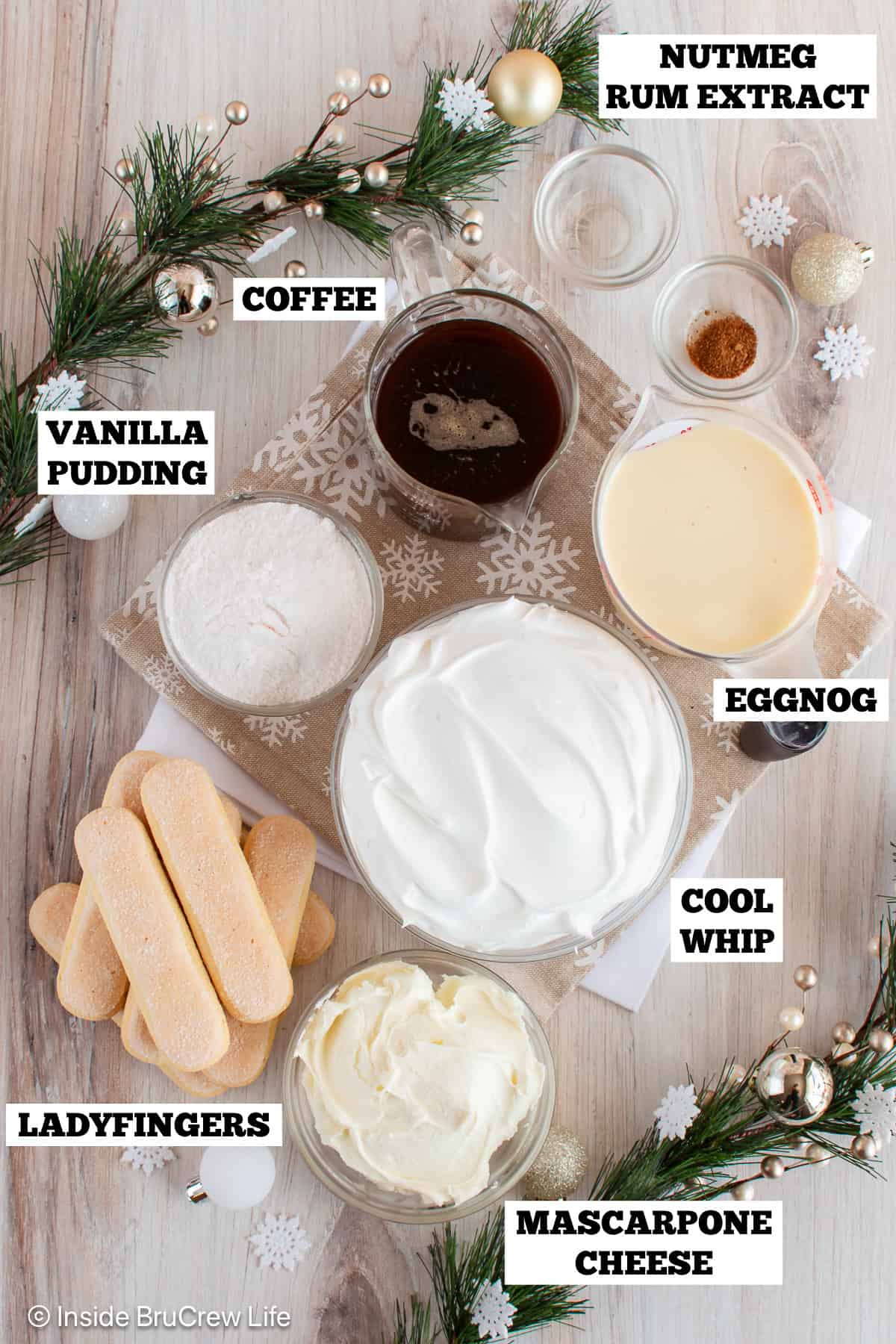 Eggnog tiramisu ingredients with text labels.
