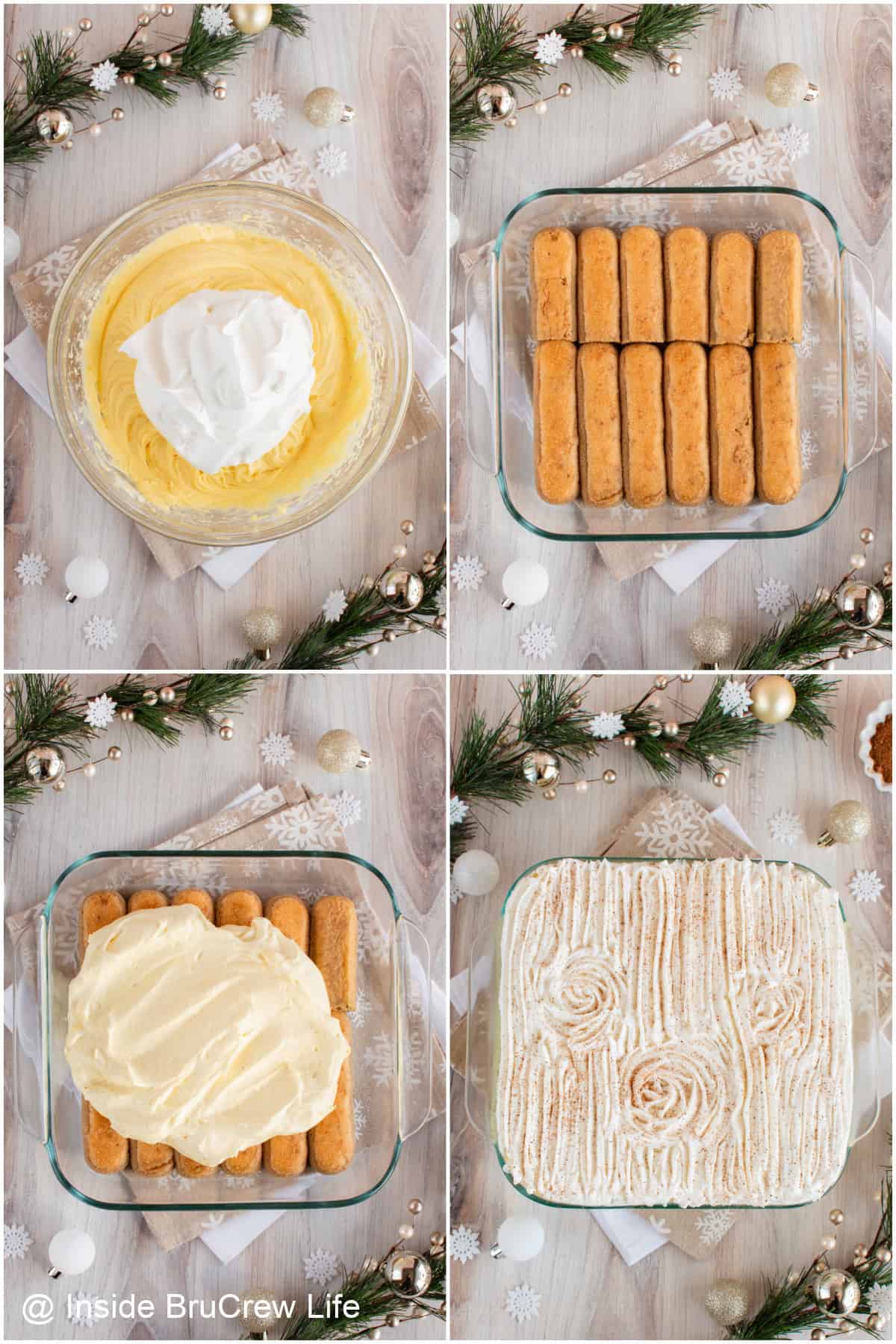 Step-by-step photos showing how to make eggnog tiramisu.