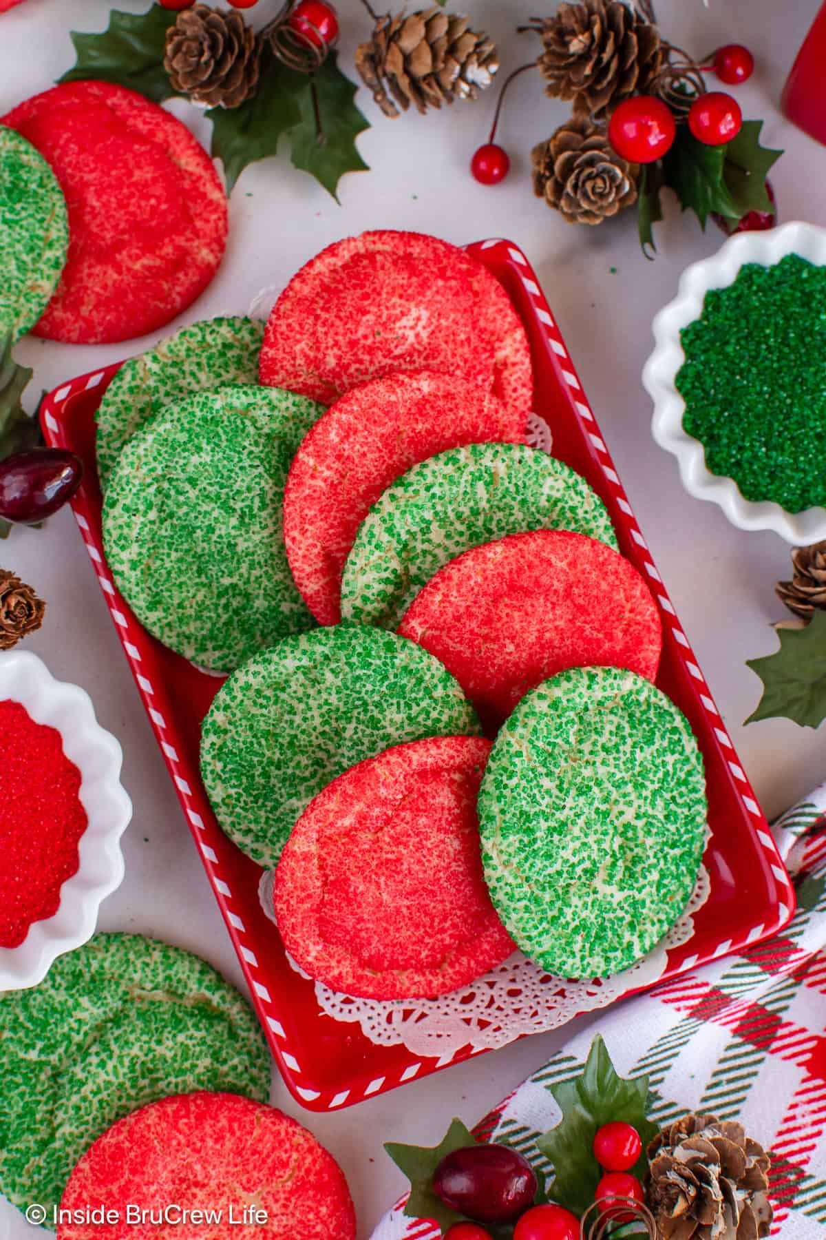 An overhead picture of a tray of sugar coated cookies.