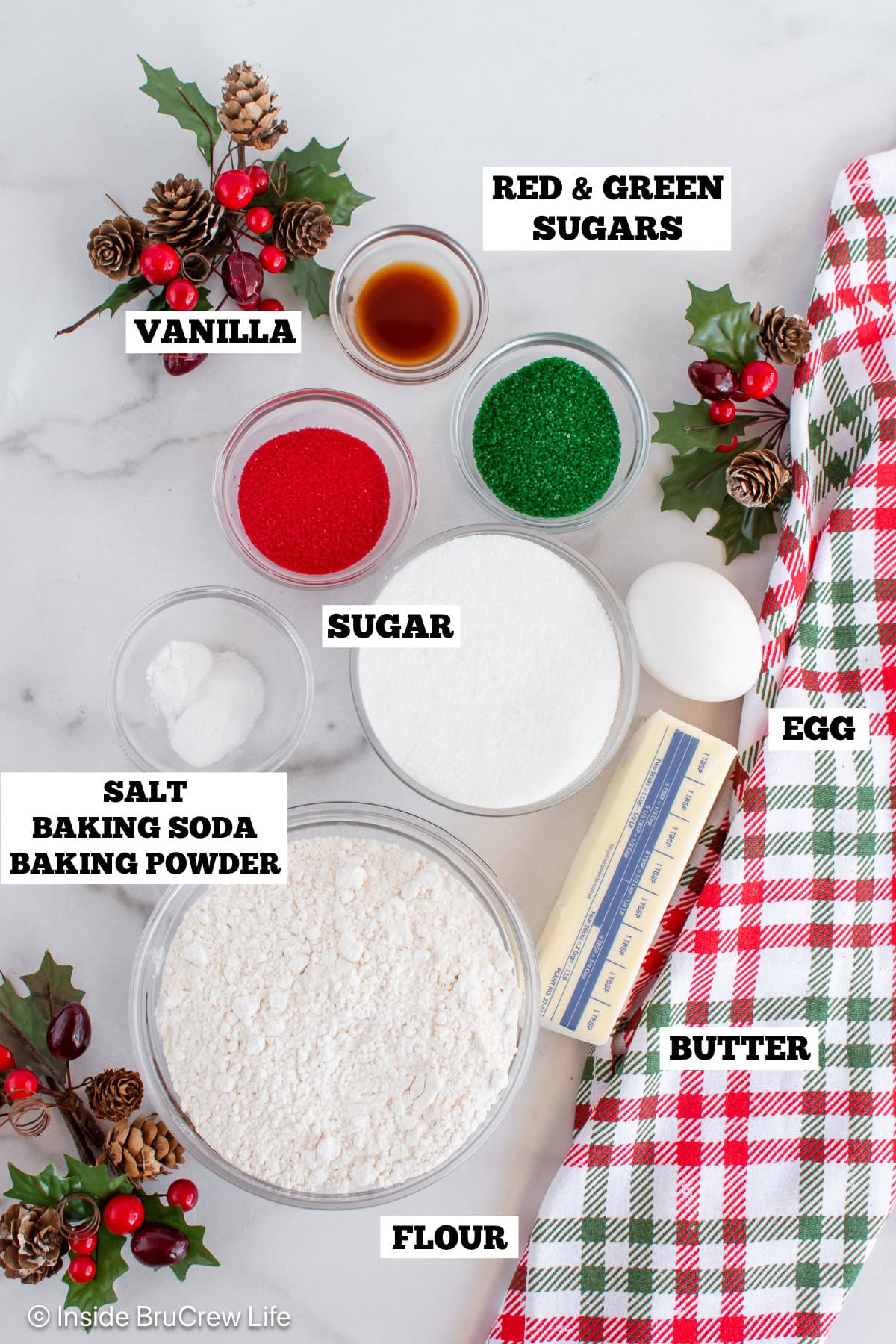 Red and green sugar coated cookies ingredients with text labels.