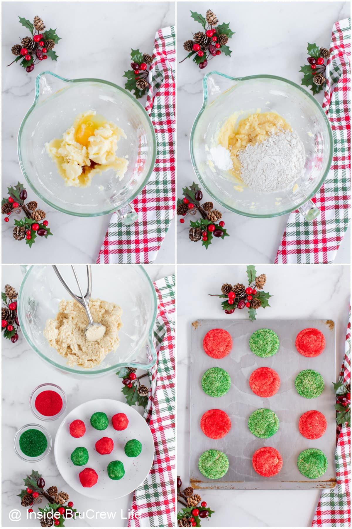 Step-by-step photos showing how to prepare red and green sugar cookies.