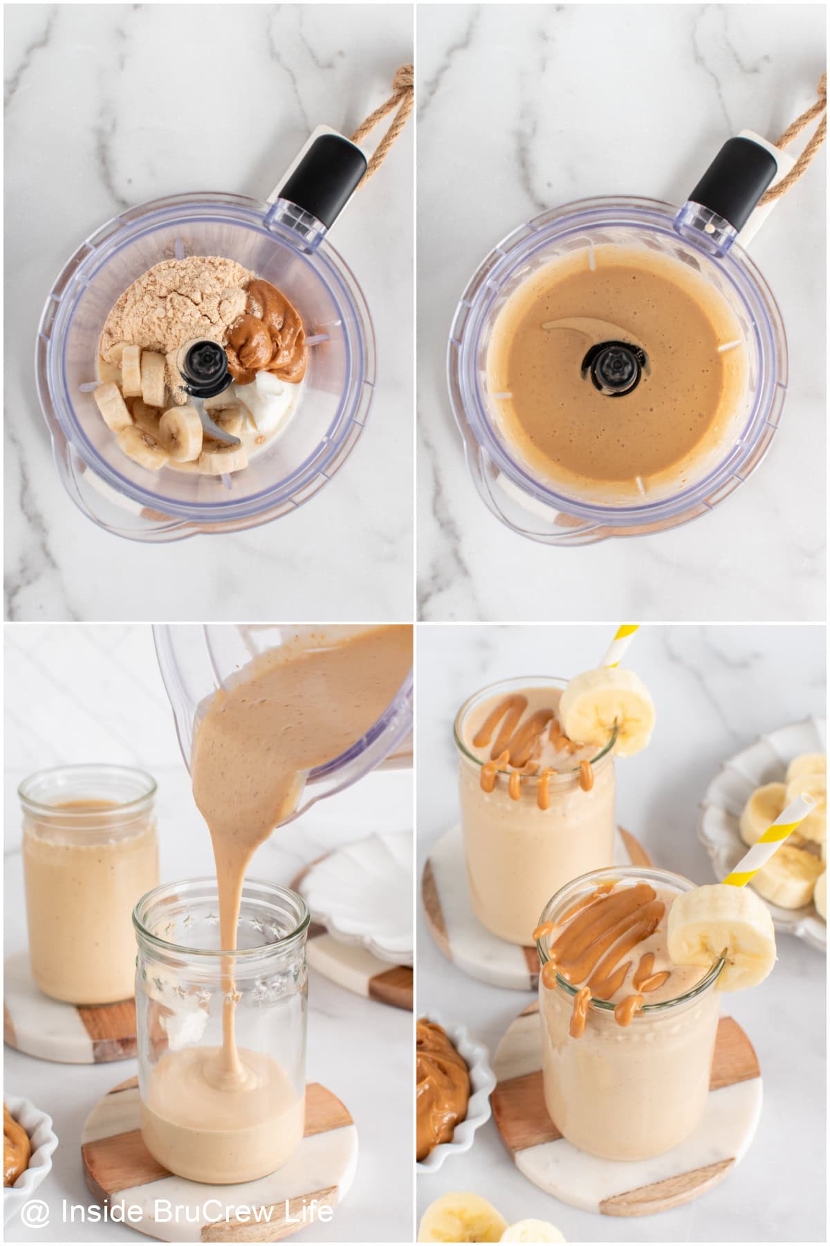 Step-by-step photos showing how to make a peanut butter banana protein shake.