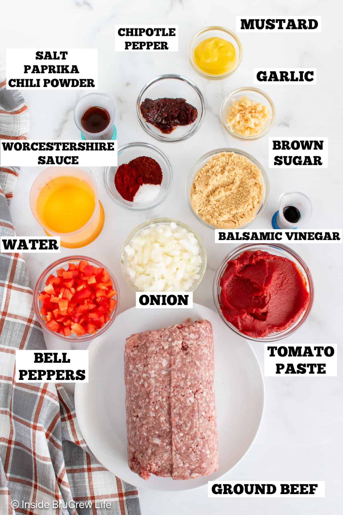 Homemade sloppy joes ingredients with text labels.