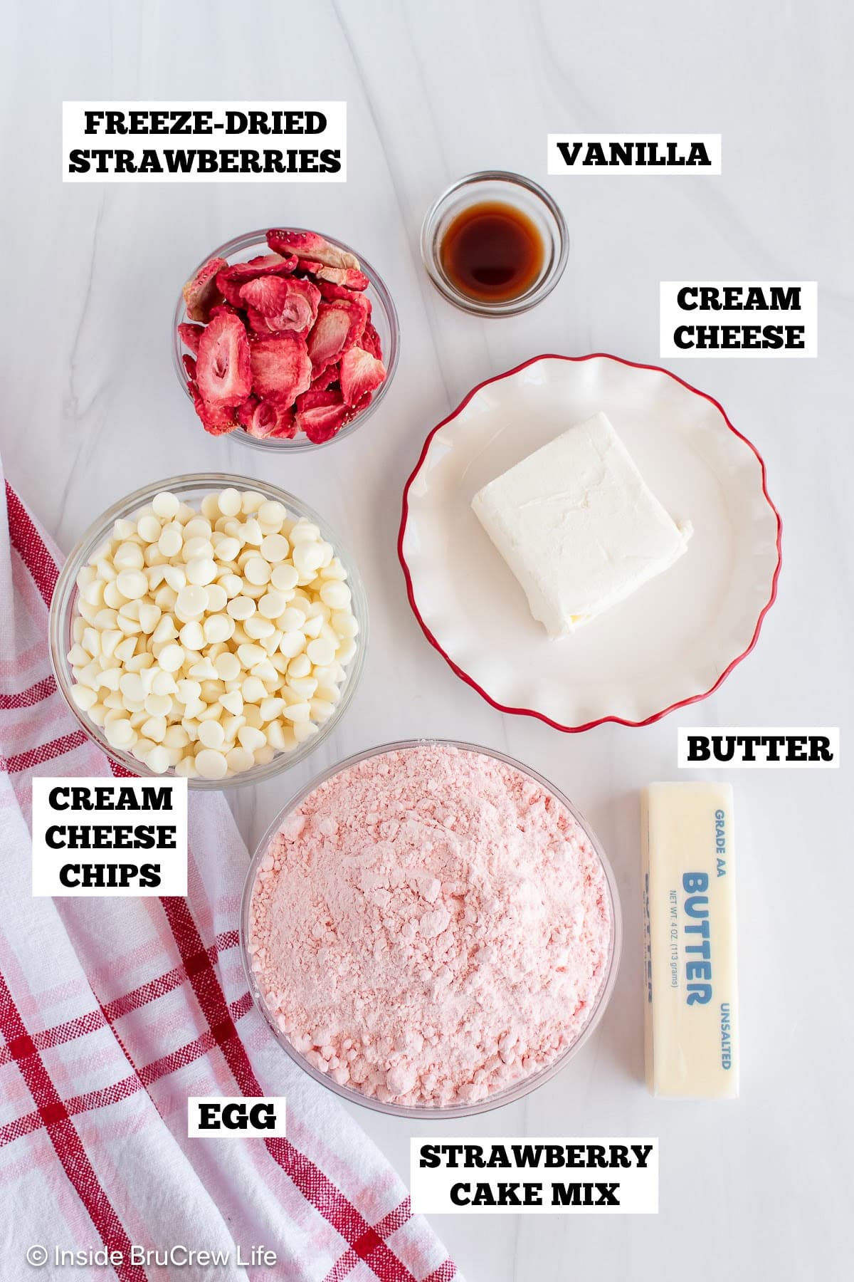 Strawberry cream cheese cookies ingredients with text.