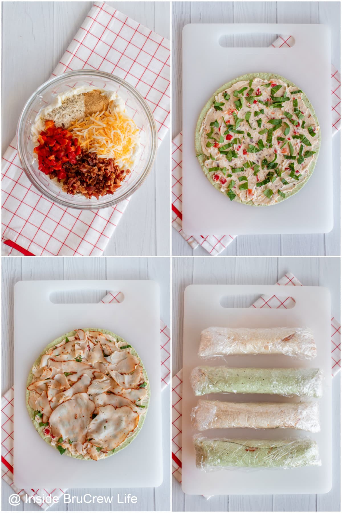 Step-by-step photos showing how to make turkey pinwheels.