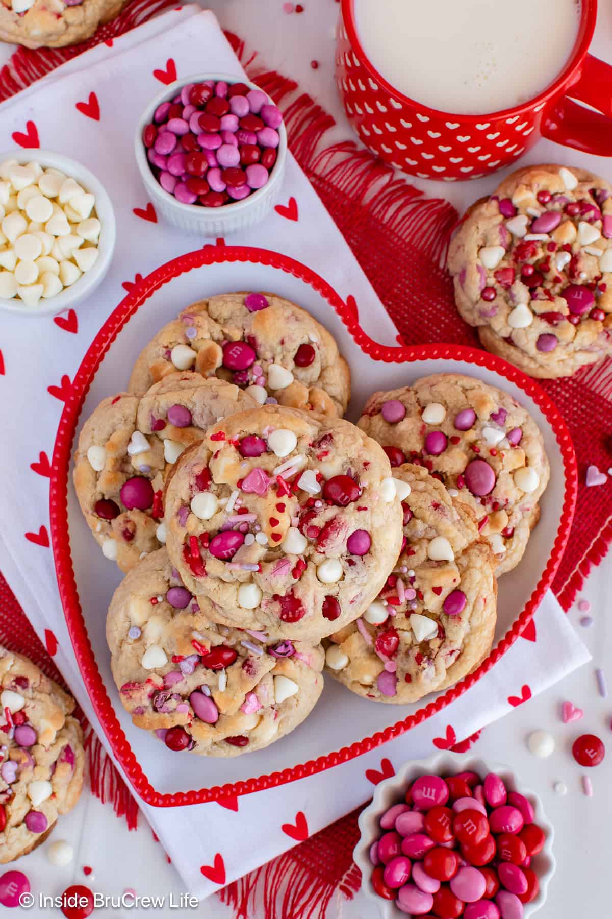 A heart plate filled with Valentine's chocolate chip cookies.