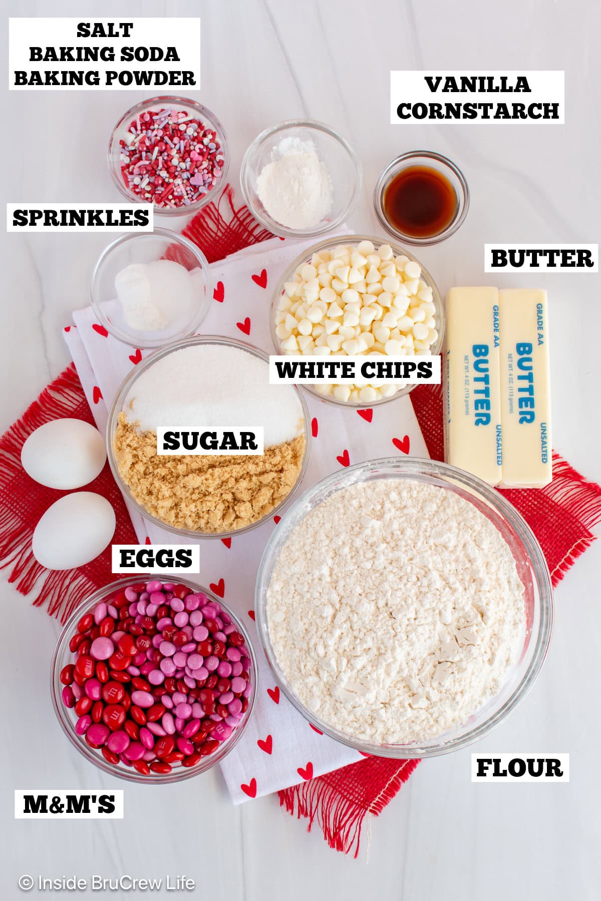 Valentine's cookies ingredients with text labels.