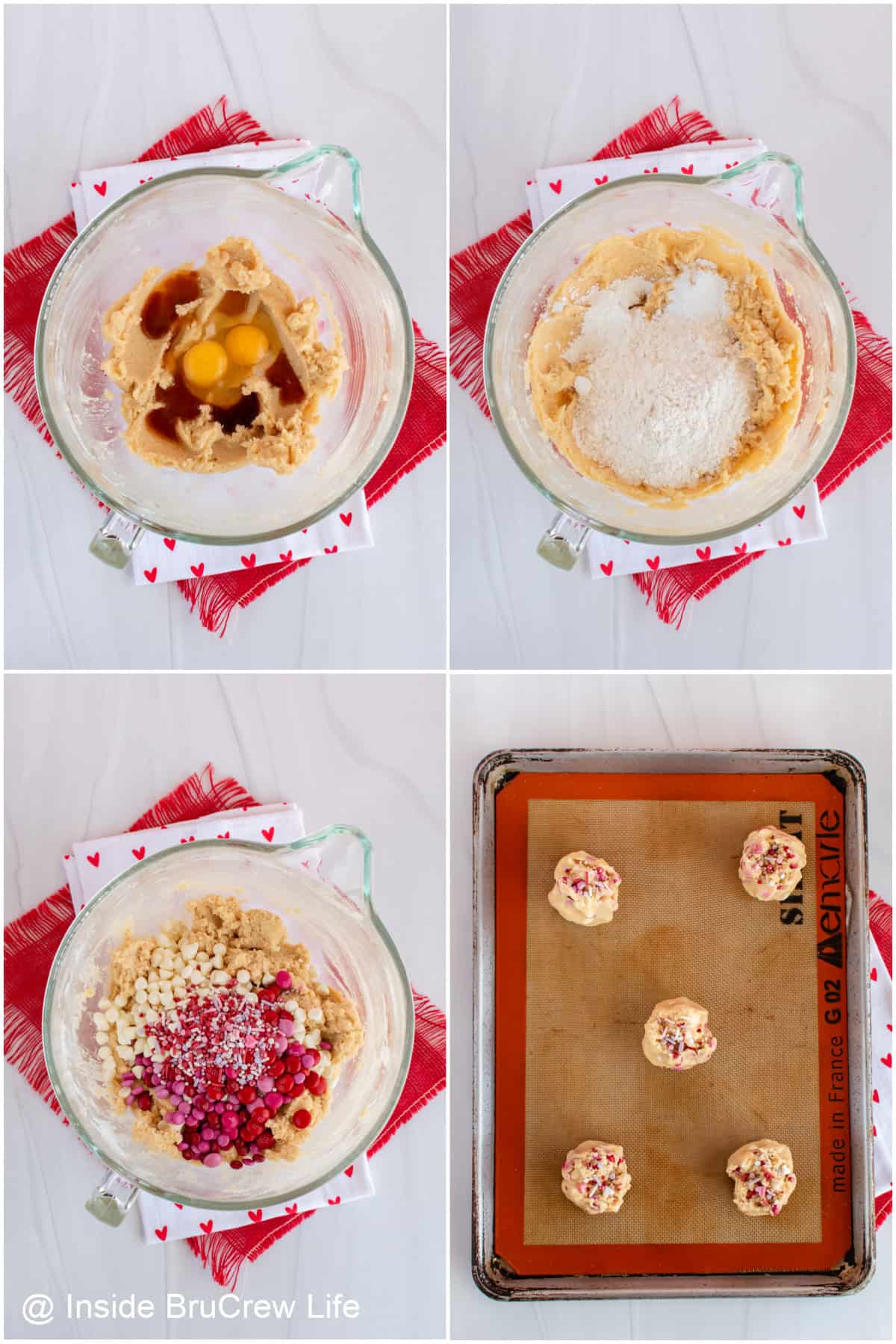 Step-by-step photos showing how to make Valentine's cookies.