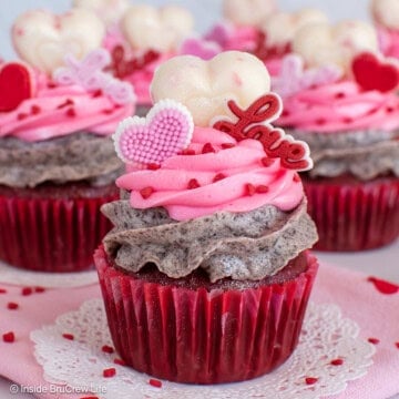Red velvet Valentine's cupcakes with Oreo frosting and pink buttercream swirls.