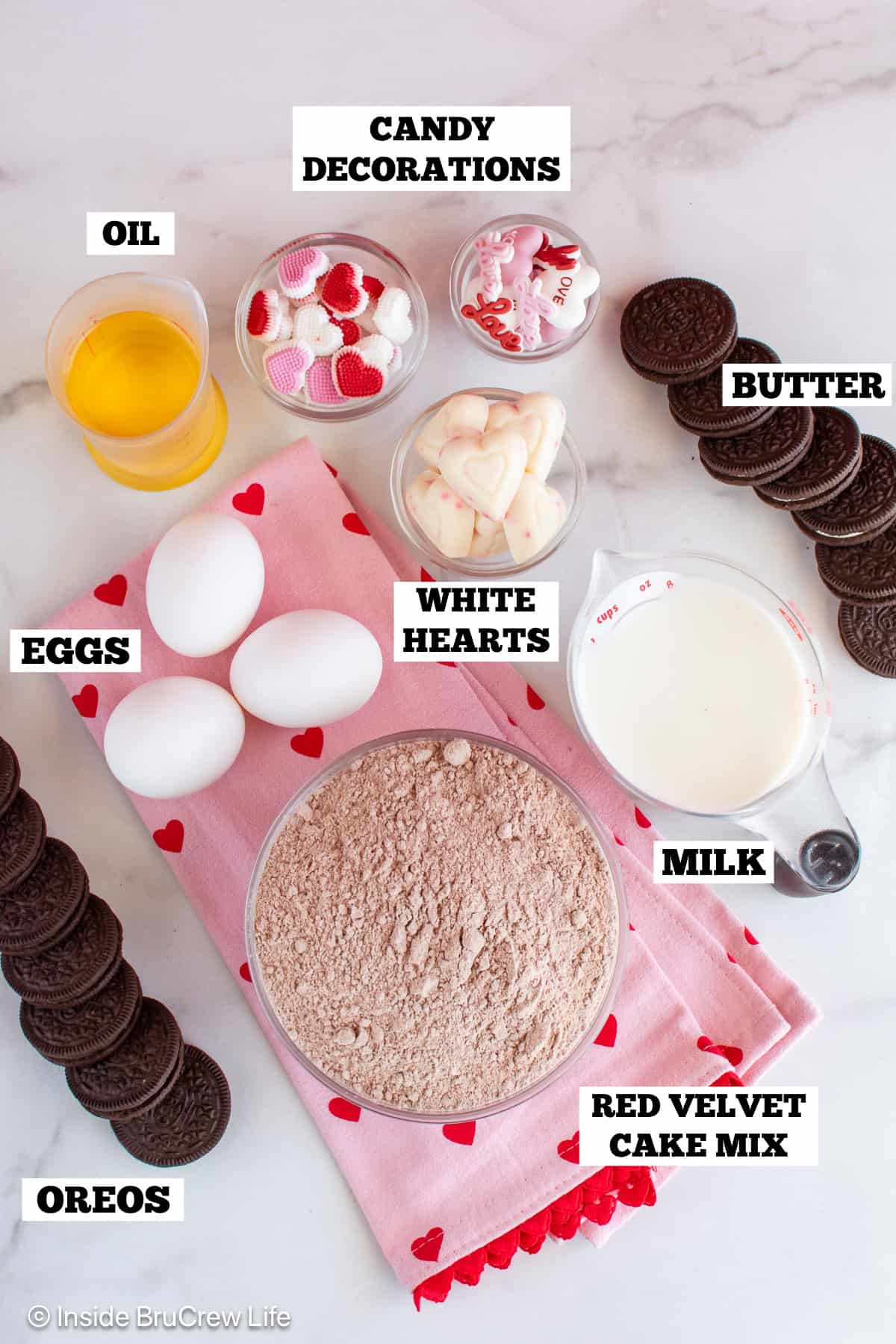 Valentine's day cupcakes ingredients with text labels.