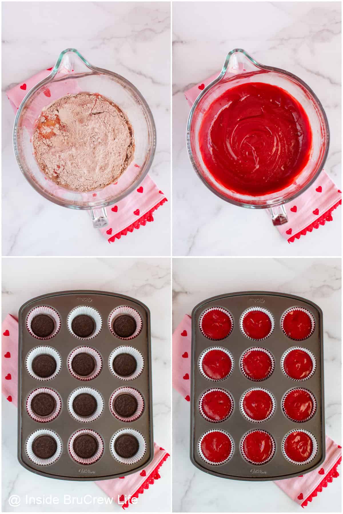 Step-by-step photos showing how to make Valentine's cupcakes.