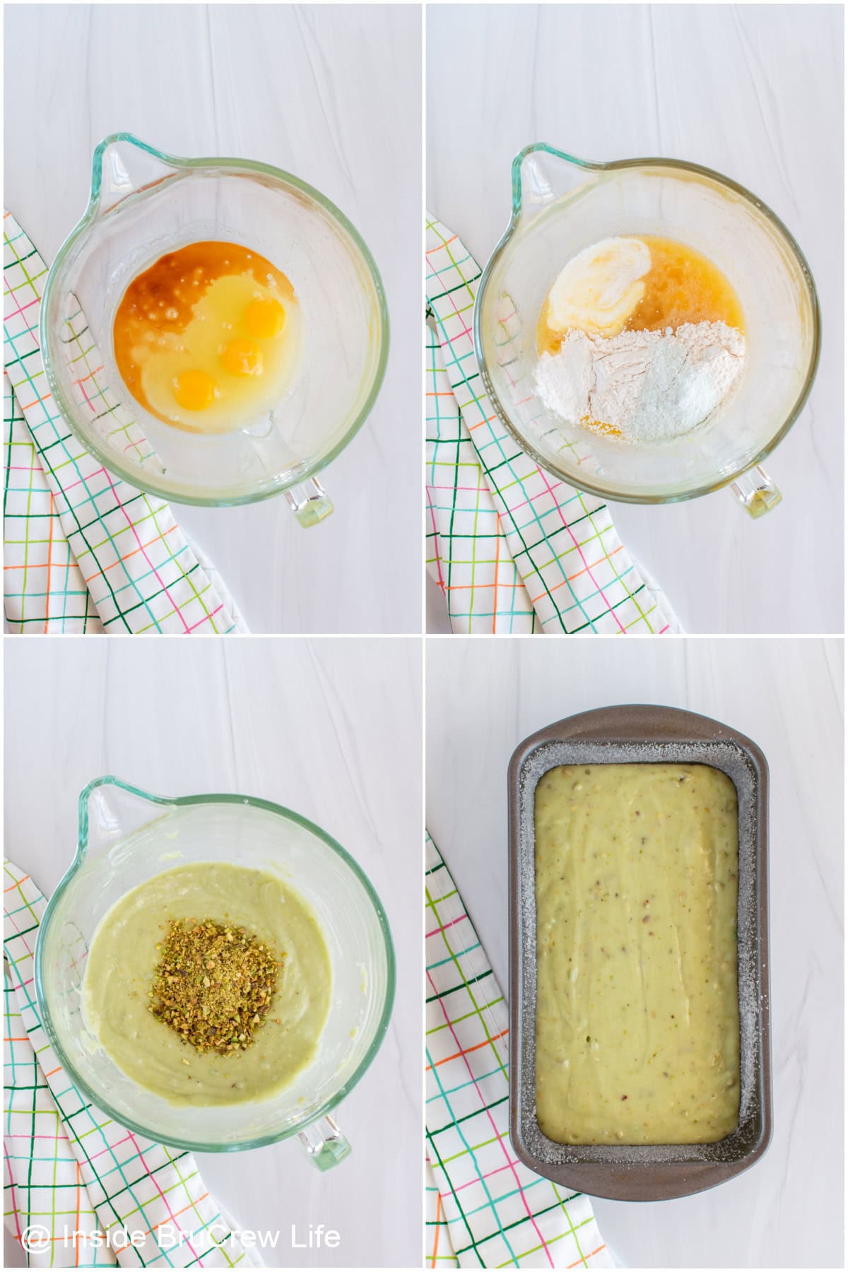 Step-by-step photos showing how to make pistachio bread.