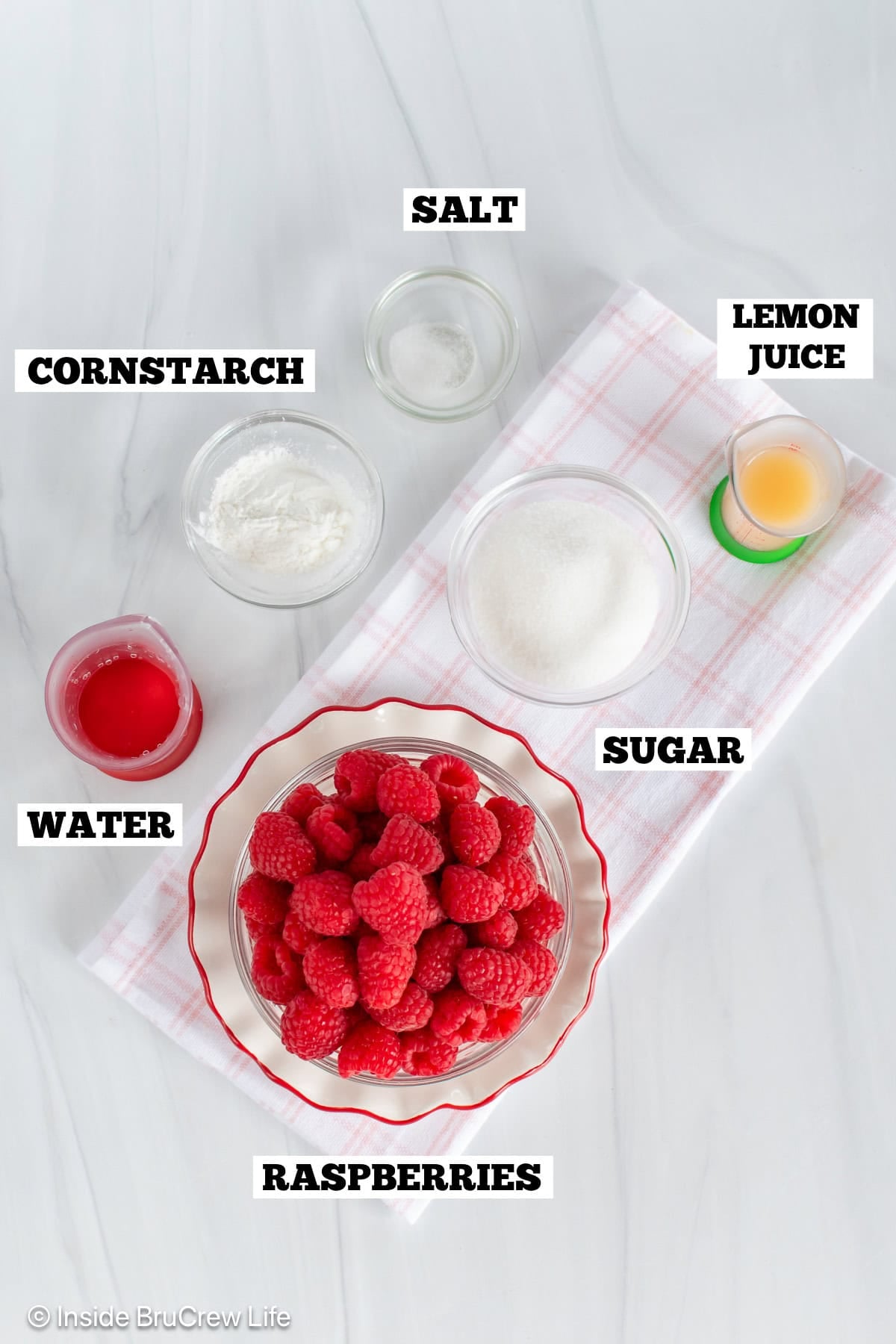 Raspberry pie filling ingredients with text labels.