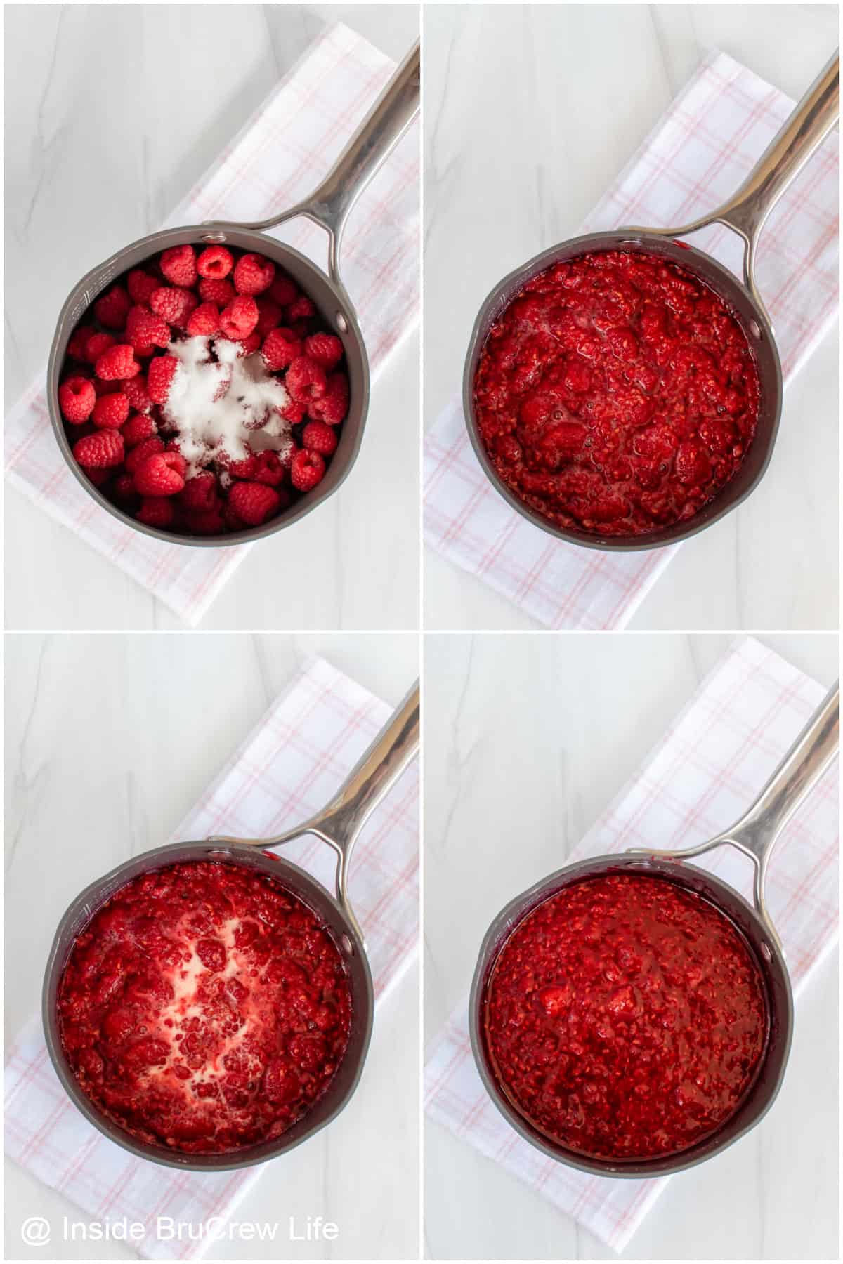 Step-by-step photos showing how to make raspberry pie filling.