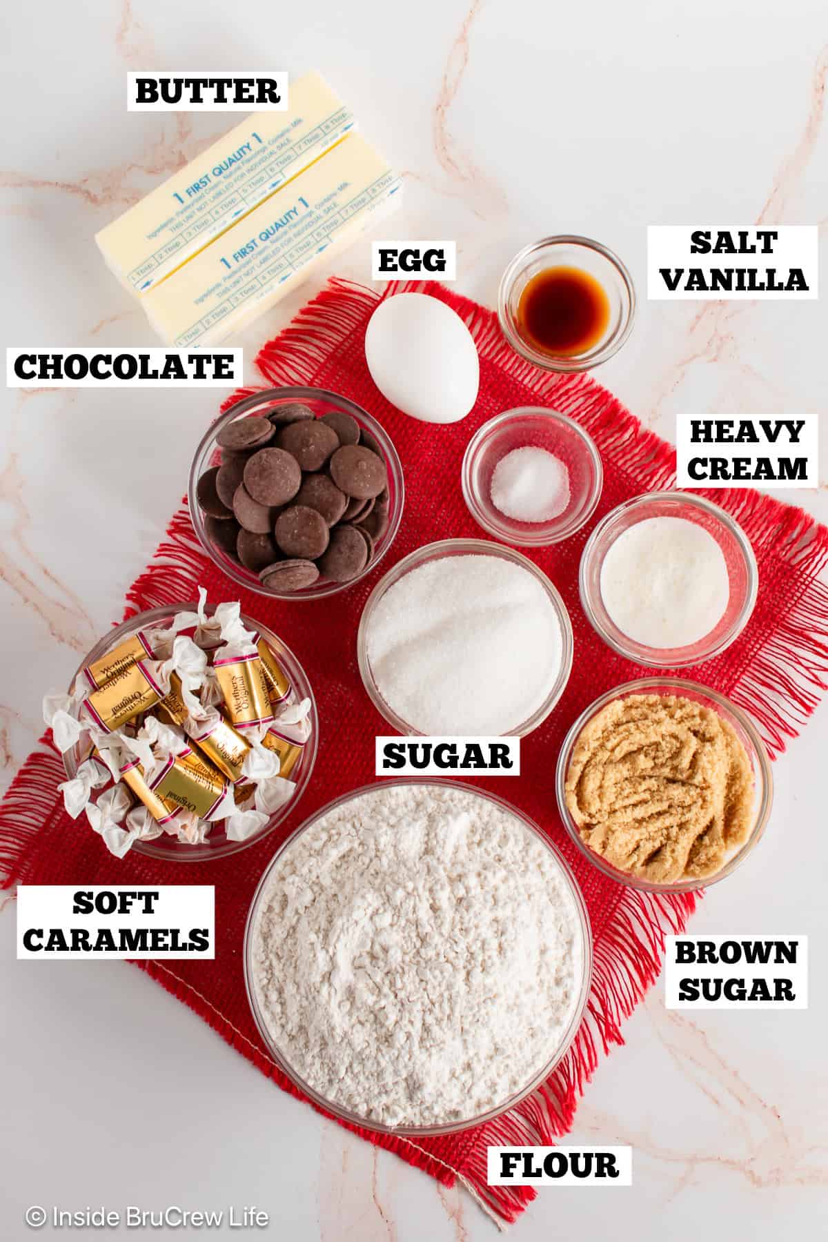 Twix thumbprint cookies ingredients with text labels.
