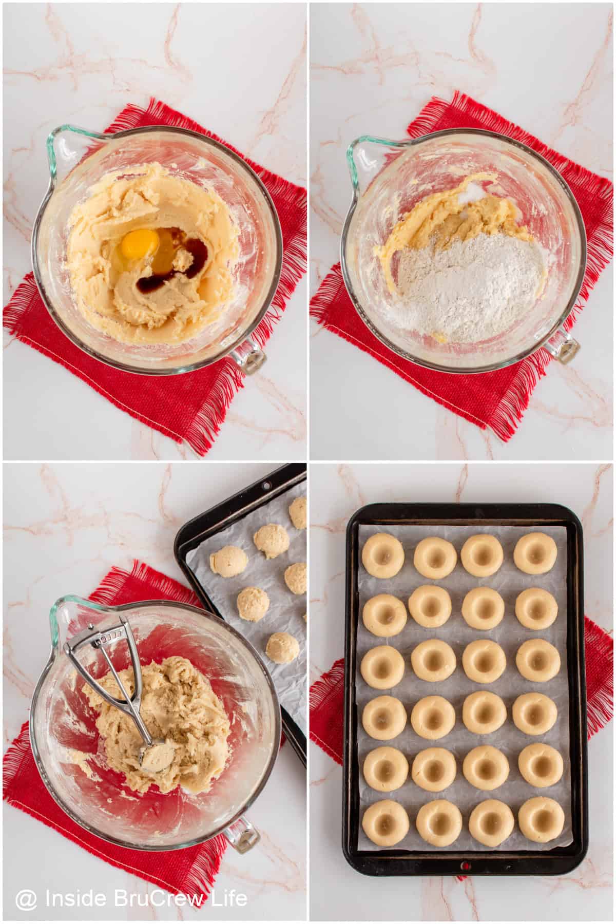 Step-by-step photos showing how to make Twix thumbprint cookies.