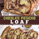 Pinterest image for chocolate pistachio loaf.